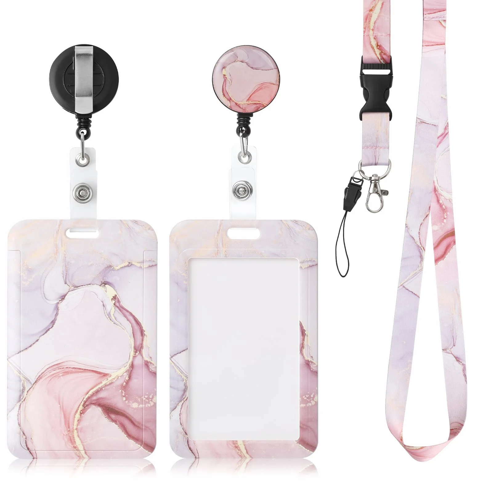 AiQInu Porta Tarjetas Identificativas con Cordón Retráctil, Lanyard para Tarjeta de Identificación, Rosa
