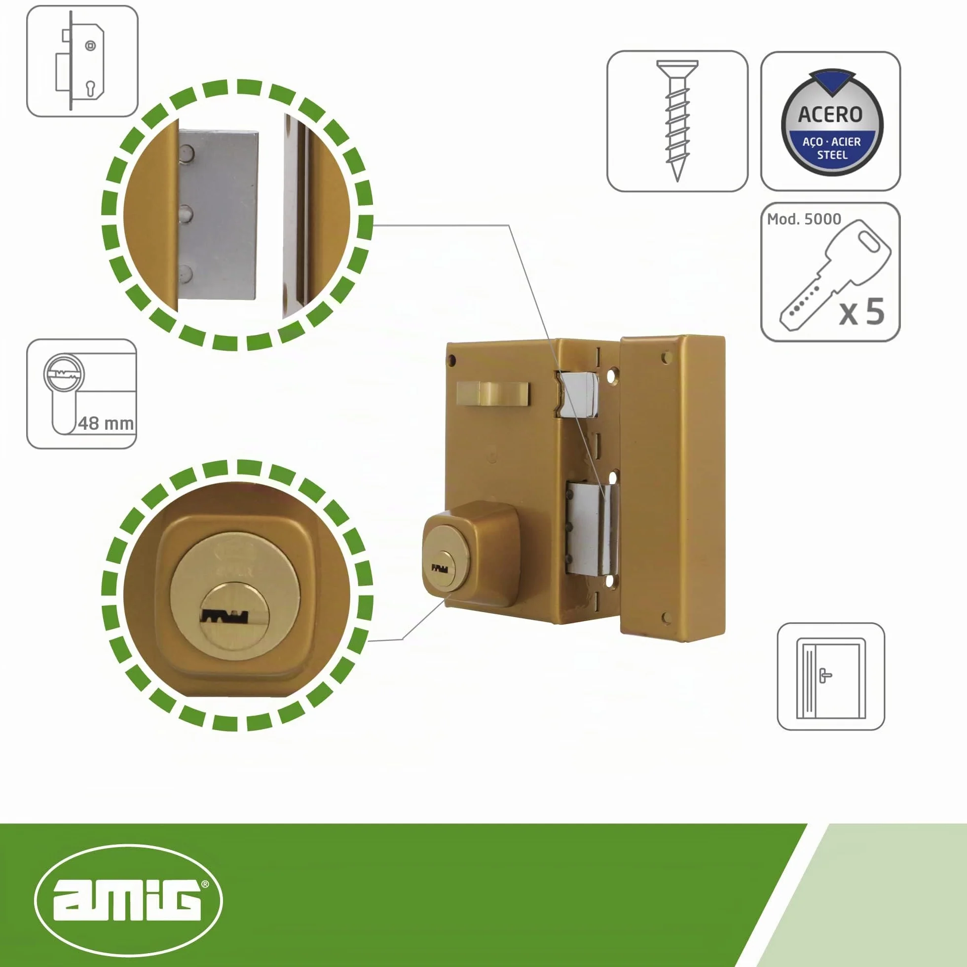 Amig - Cerradura de Sobreponer de Derecha con Palanca de Cierre - Lengüeta y Tirador para Puertas de Madera - Mod. 75, 67 x 112 mm - Cilindro Redondo de Seguridad - Acero - Dorado