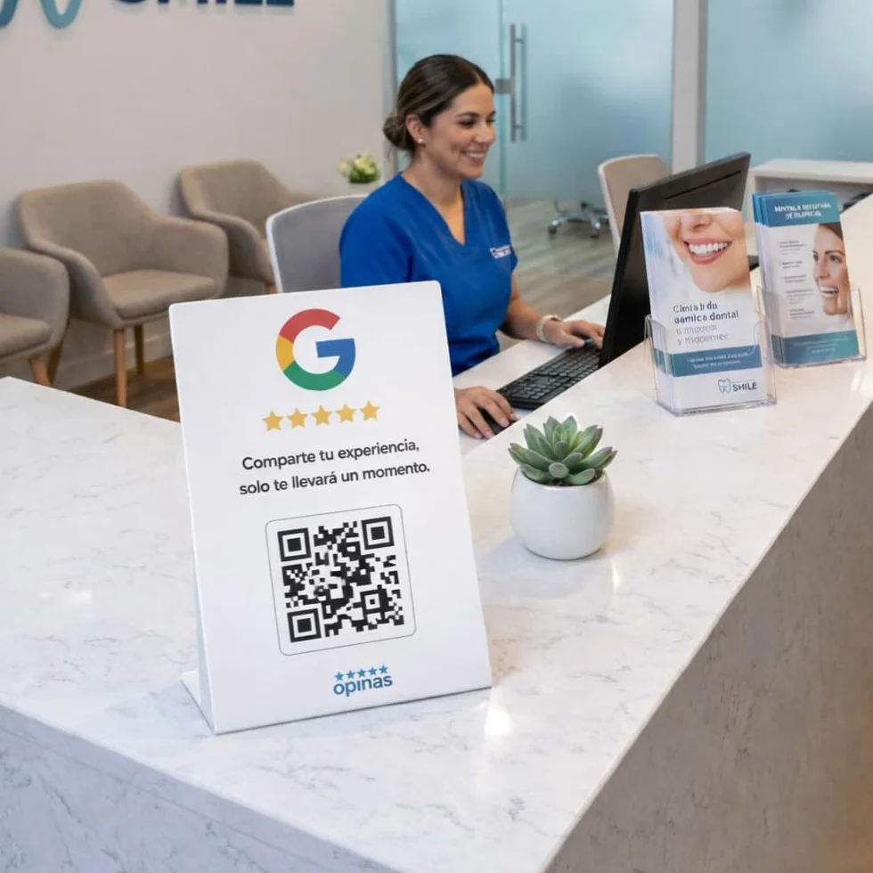 OPINAS Soporte QR Reseñas Google App IA Responder Reseñas Stand Cartel Opiniones