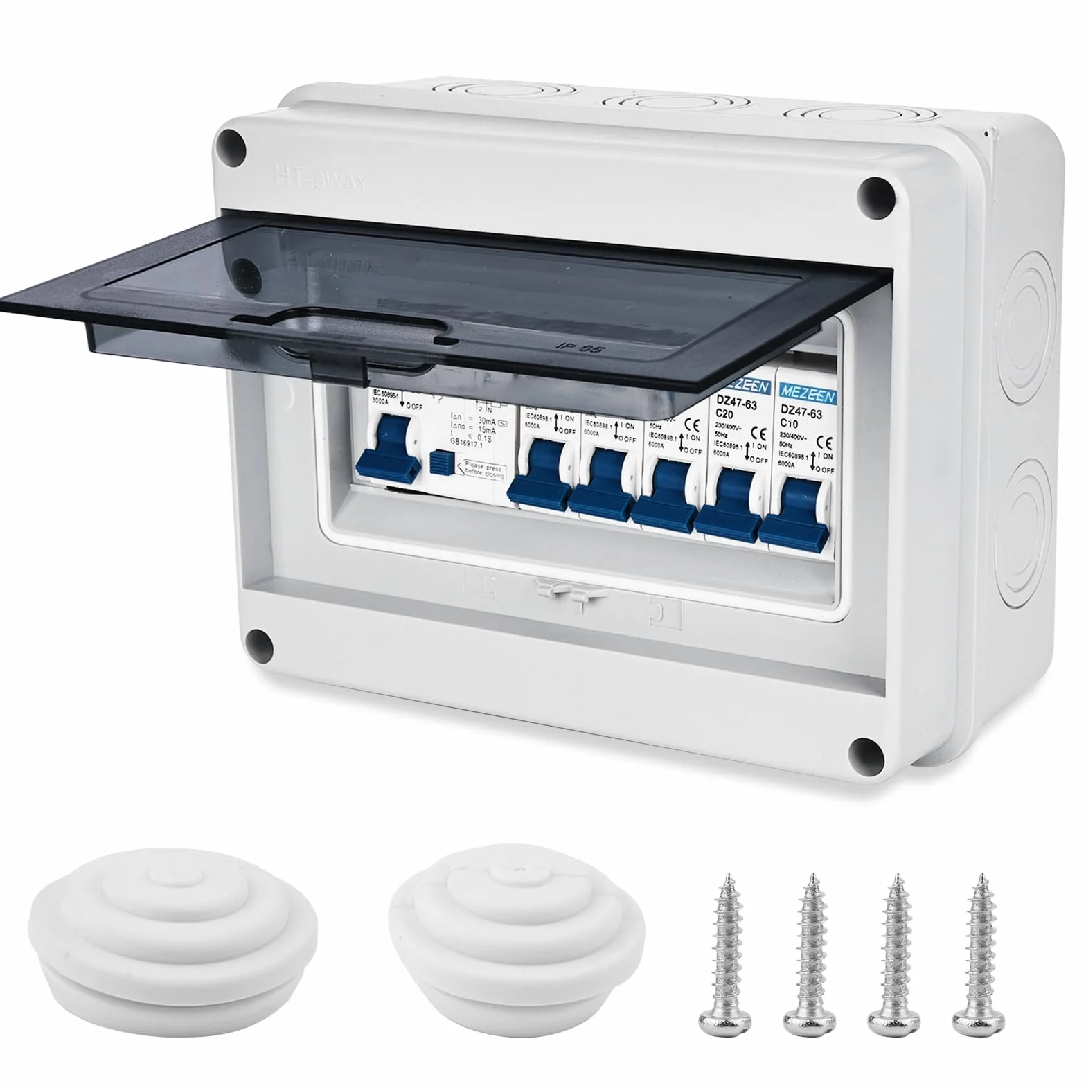 Nizirioo Caja de distribución de superficie IP65 resistente al polvo: interruptor automático de 63 A, interruptor de aire 2 x 6 A+10 A+20 A+32 A para jardín y exteriores
