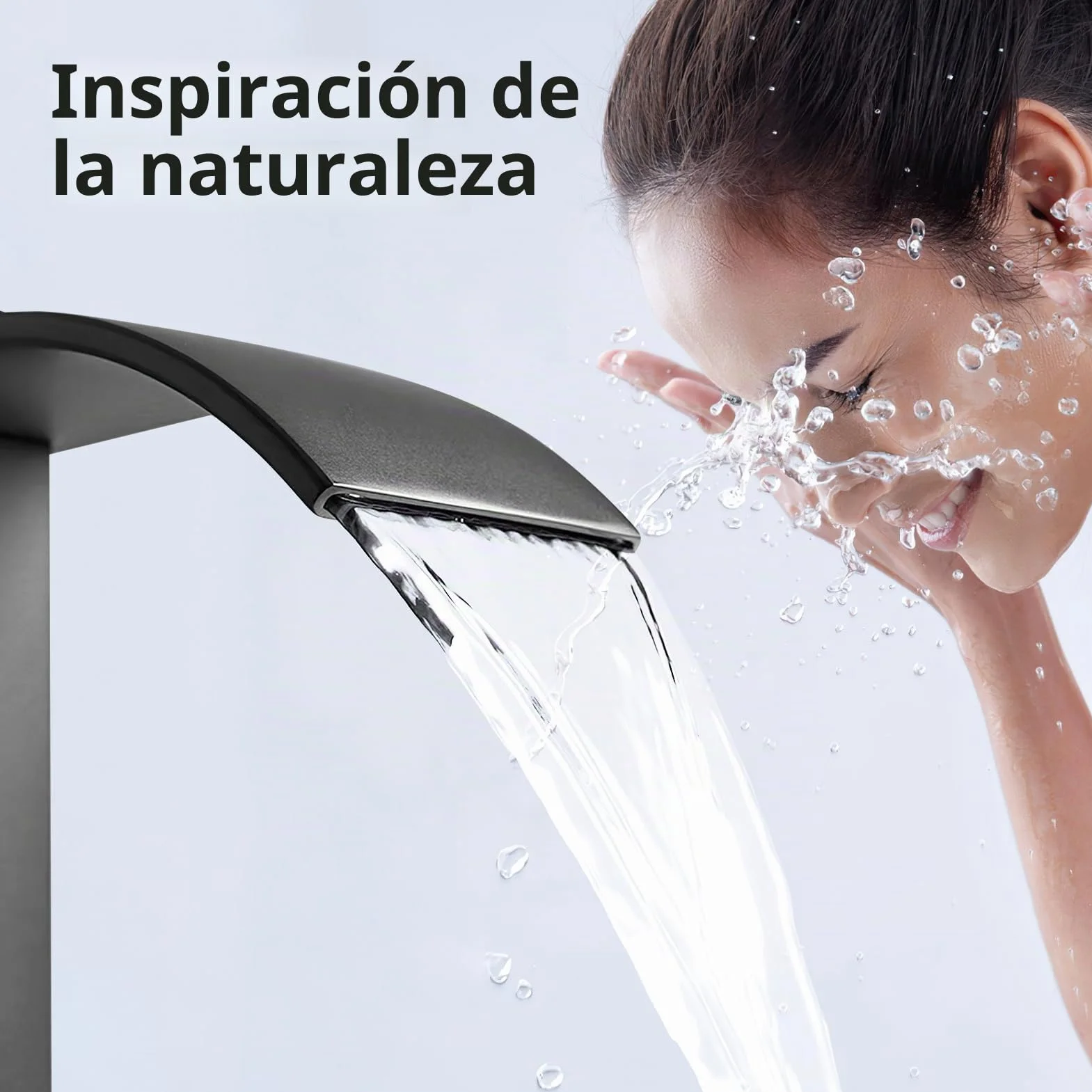 Grifo de cascada y lavabo, caño cascada, acero inoxidable, caliente y frío, vertical, altura 24,5 cm