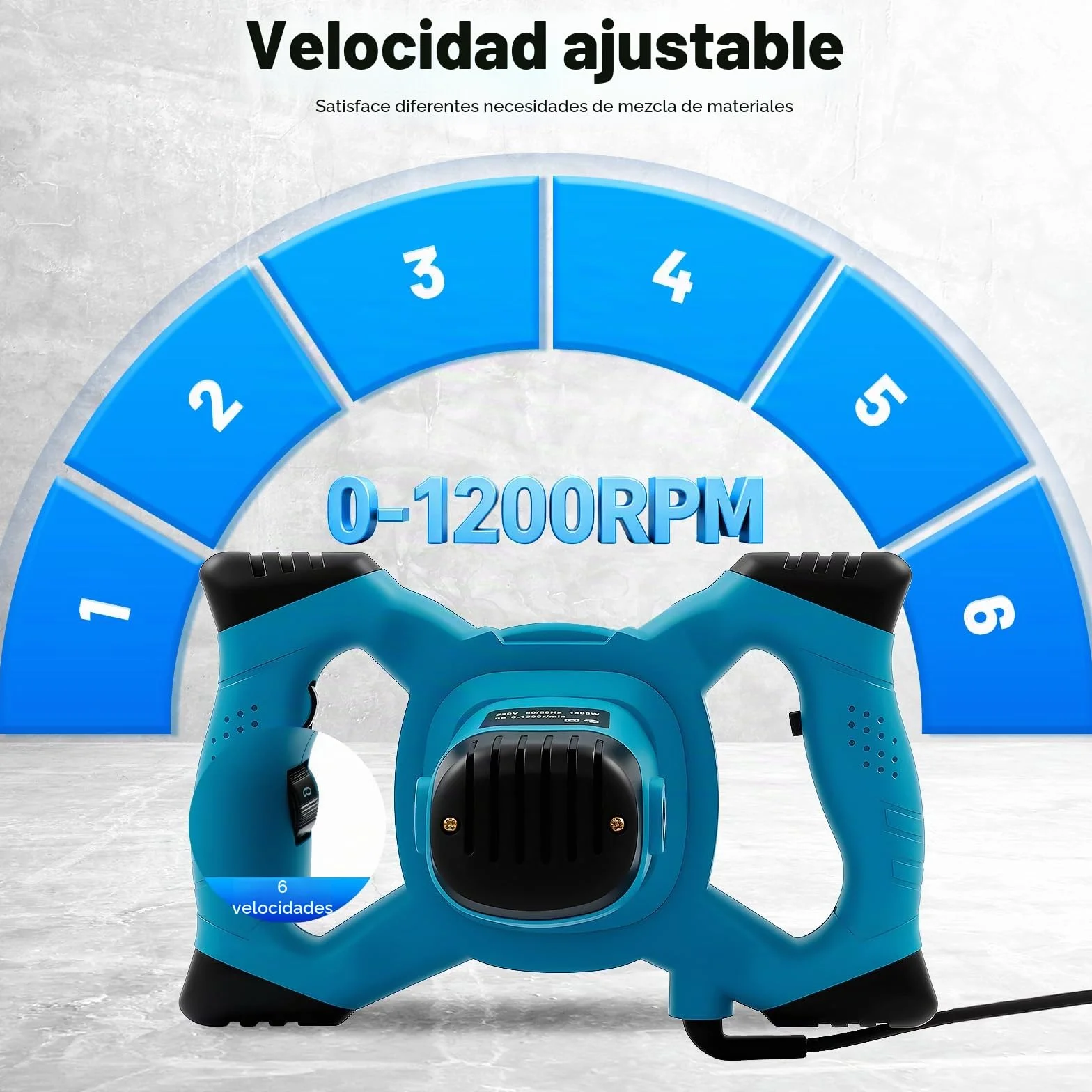 Mezclador de mortero eléctrico de 1400W con ajuste de 6 velocidades, 1200 RPM. Batidora de mano con paletas dobles y mango antideslizante, mezclador de mortero para pintura, yeso, cemento, adhesivo y