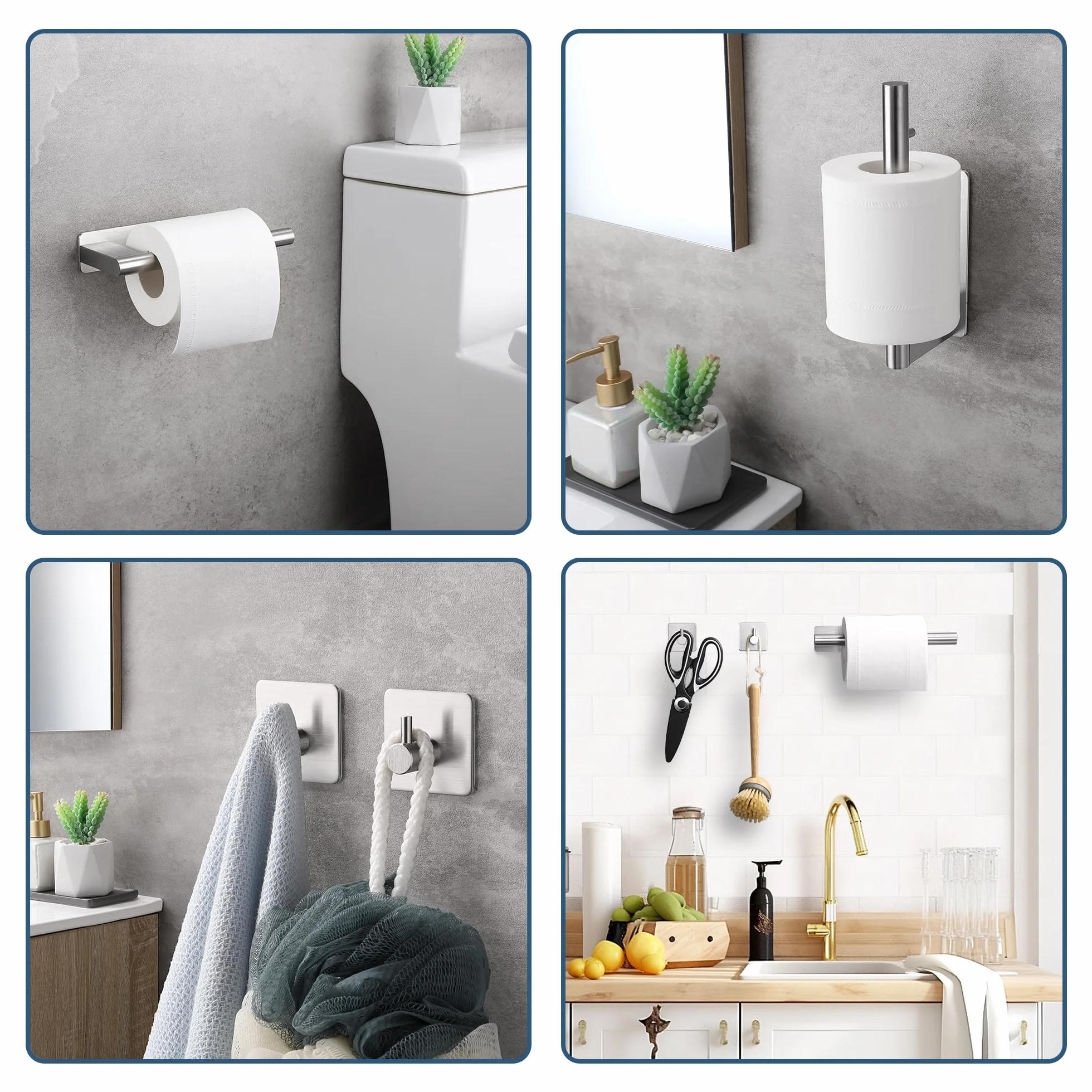 Portarrollos Papel Higienico y 2 Piezas de Ganchos Adhesivos, Portarrollos Adhesivo Baño de Pared, Portarrollos Papel Higienico Acero Inoxidable, Plata