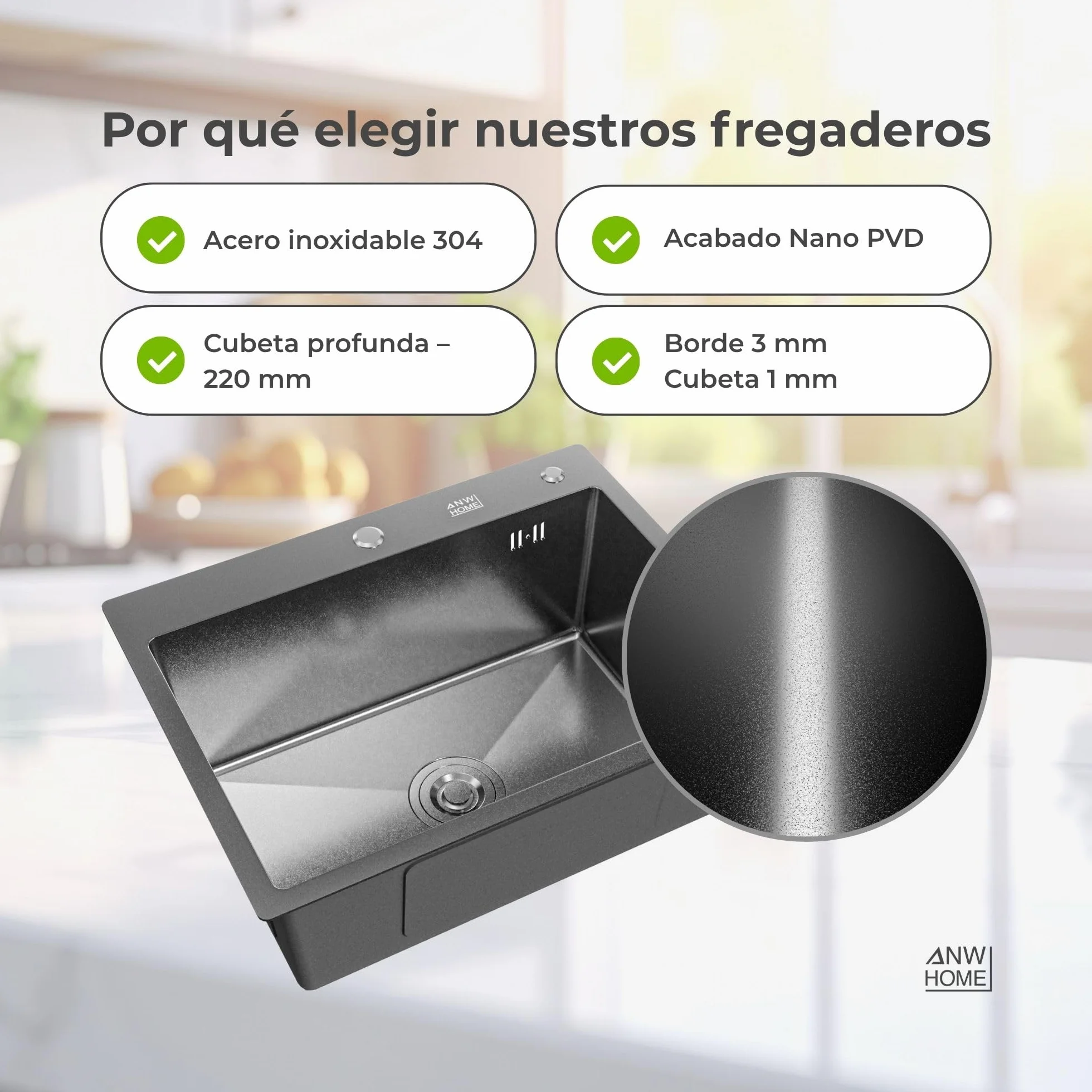 ANW HOME Fregadero Cocina 1 Seno, Acero Inoxidable 60x45 cm, Fregadero sobre Encimera Grafito PVD con Superficie Nano, Grosor 3,0+1 mm, con Sifón Dosificador de Jabón y Cesta