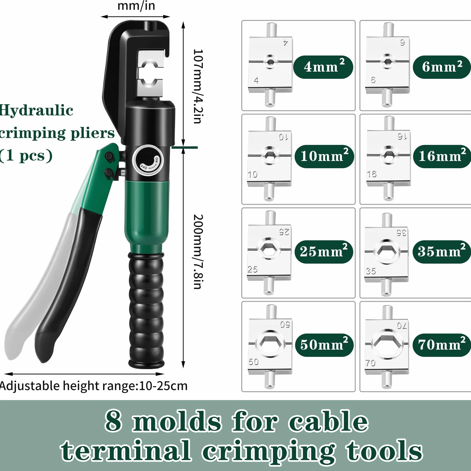 Engarzadora de terminales de cable hidráulico de 6-70 mm², kit de herramientas de cable de terminal eléctrico con 8 troqueles (herramienta de engarzado de 4-70 mm²)(YQK70)
