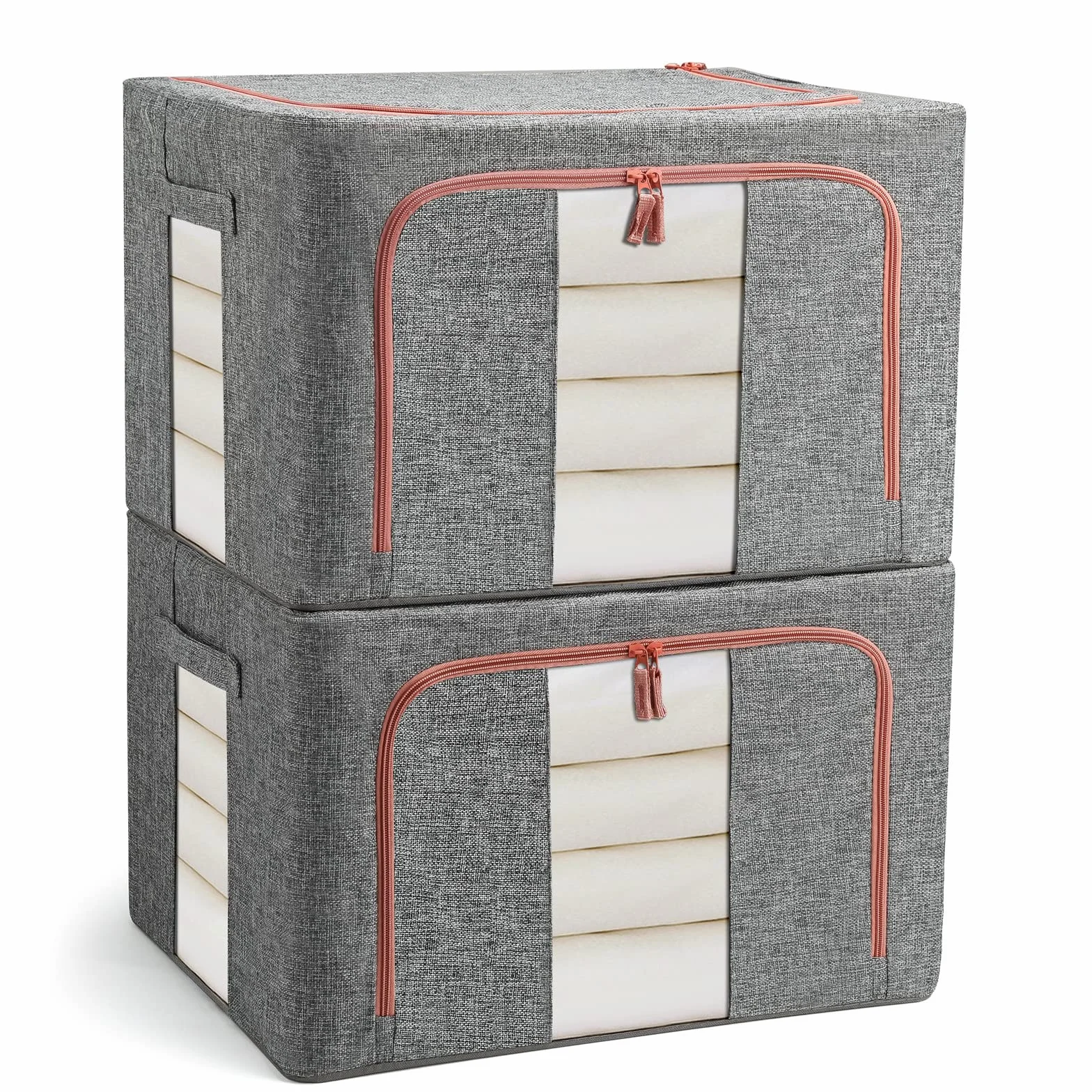 Cajas Almacenaje Ropa 2 Piezas, Organizador Armario Plegable con Ventana Transparente, Soporte Metal, Gris 22L