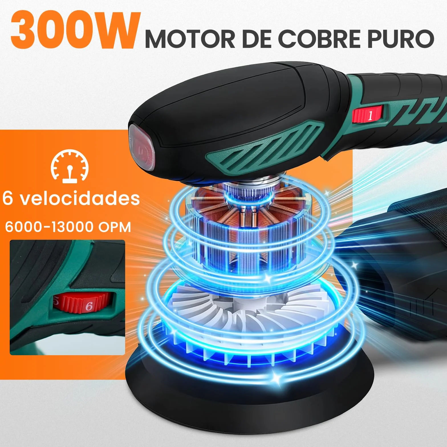 HYCHIKA Lijadora Orbital, 300W Motor Cobre Puro, 6 Velocidades 6000-13000 OPM, Bajo Ruido, Bolsa de Polvo Extraíble, Incluye 12 Discos de Lijado para Madera, Suelos y Pintura