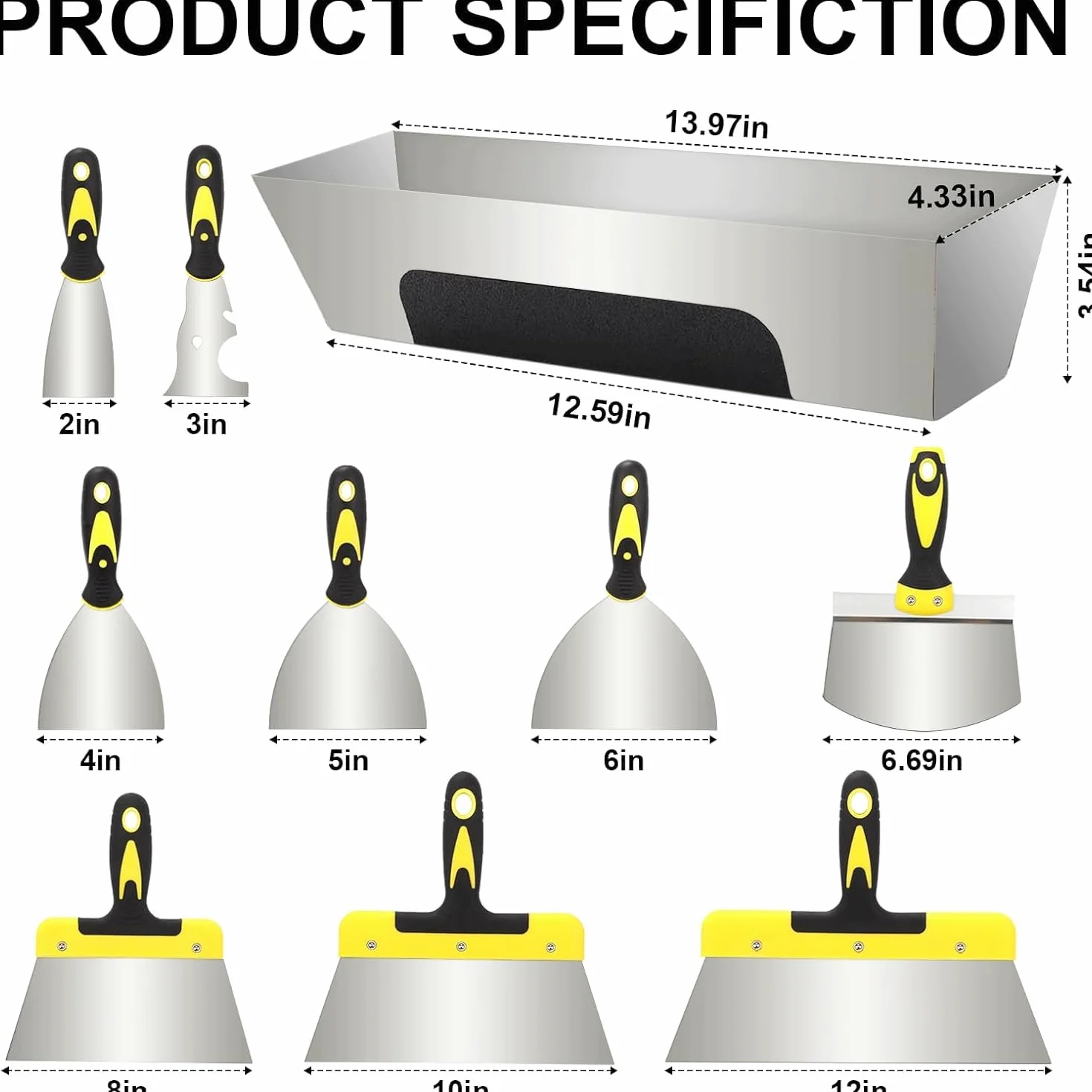 Juego de 10 cuchillos de masilla de acero inoxidable, espátulas de pintor y cuchillo de masilla para placas de yeso, reparación de paredes, juntas, bricolaje, cuchillo de masilla con mango ergonómico