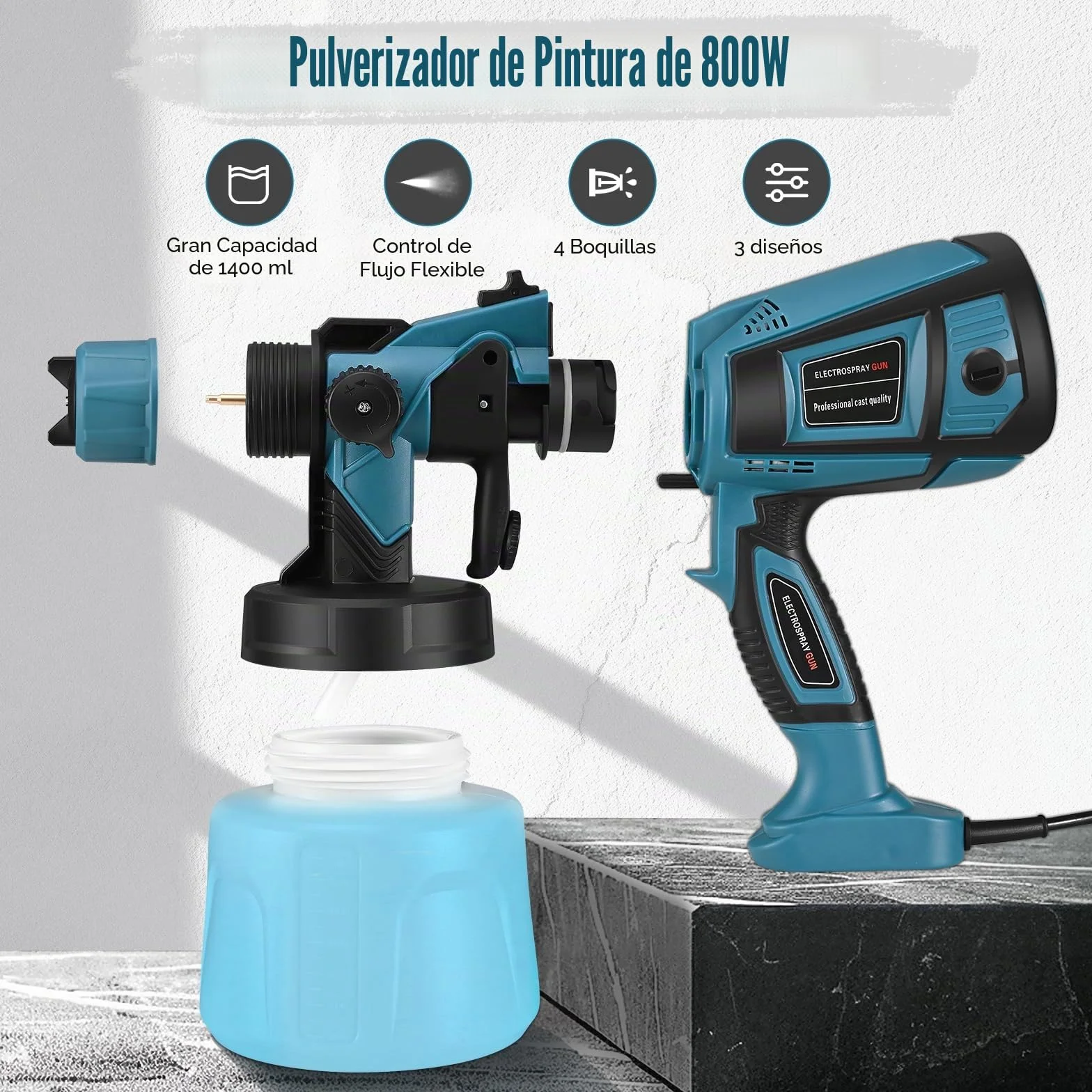 Pistola de Pintura,800W HVLP Pulverizador de Pintura Eléctrico con Recipiente de 1400ml, Flujo Máximo de 1000ml/min,5 Boquillas para la Pulverización y Limpieza del Bricolaje(Azul)