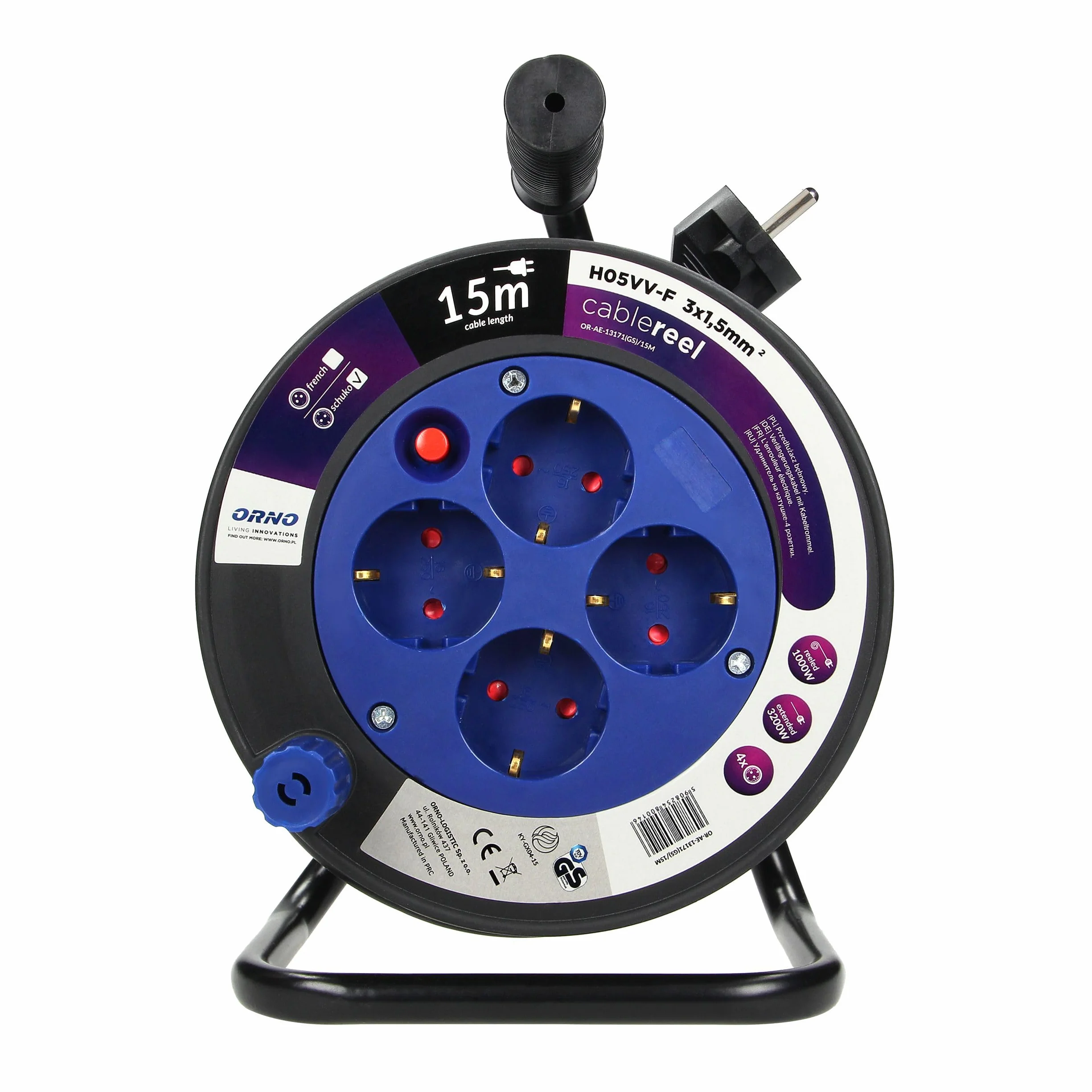 Enrollacables con 4 Tomas 2P+T (Schuko) - Alargador Enchufe - Extension Electrica - Carrete con Soporte Metálico, Cable H05VV-F 3x1,5mm² Longitud 15m