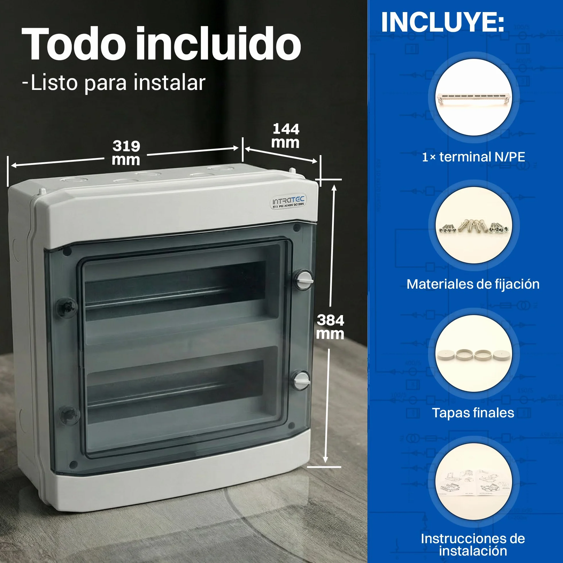 Intratec Caja de Distribución Superficie 2 Fila IP65 – Cuadro Eléctrico para 24 Módulos DIN – Caja de Subdistribución Estanca para Exterior Garaje Sótano Jardín – 400VAC 1500VDC, 318 x 384 x 144 mm