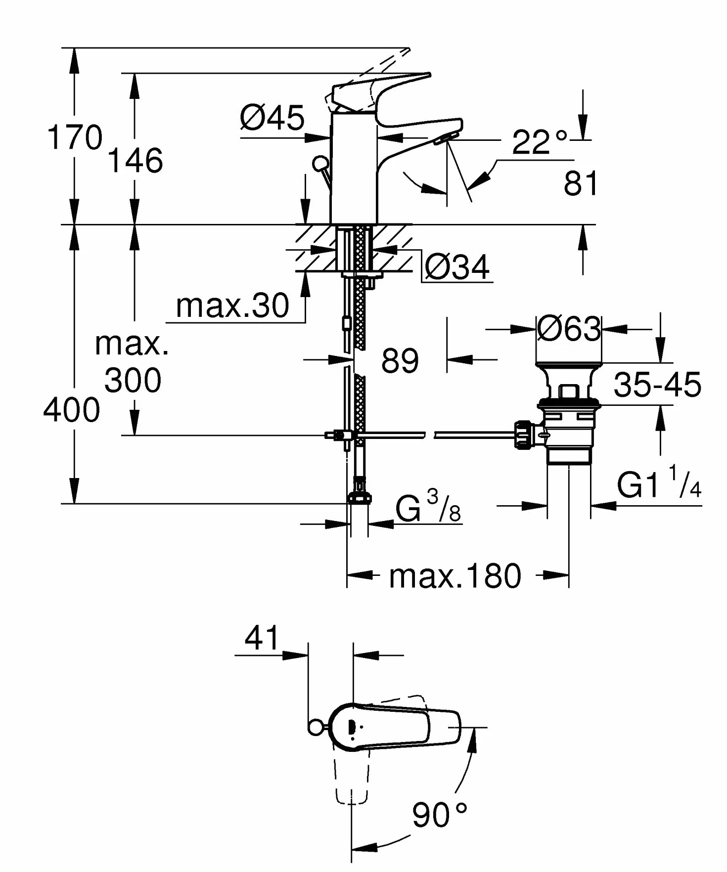 Grohe Start Flow- Grifo de lavabo monomando (vaciador automático, menor consumo de agua, altura 146mm), cromo, 23769000