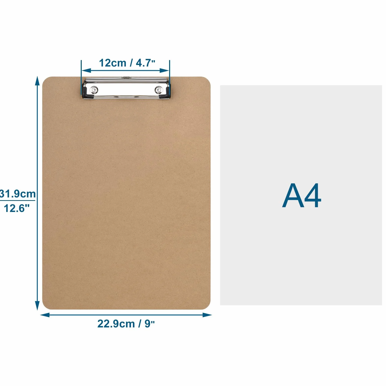 Portapapeles Madera Rígido A4 con Clip de Perfil Bajo, Pack de 4
