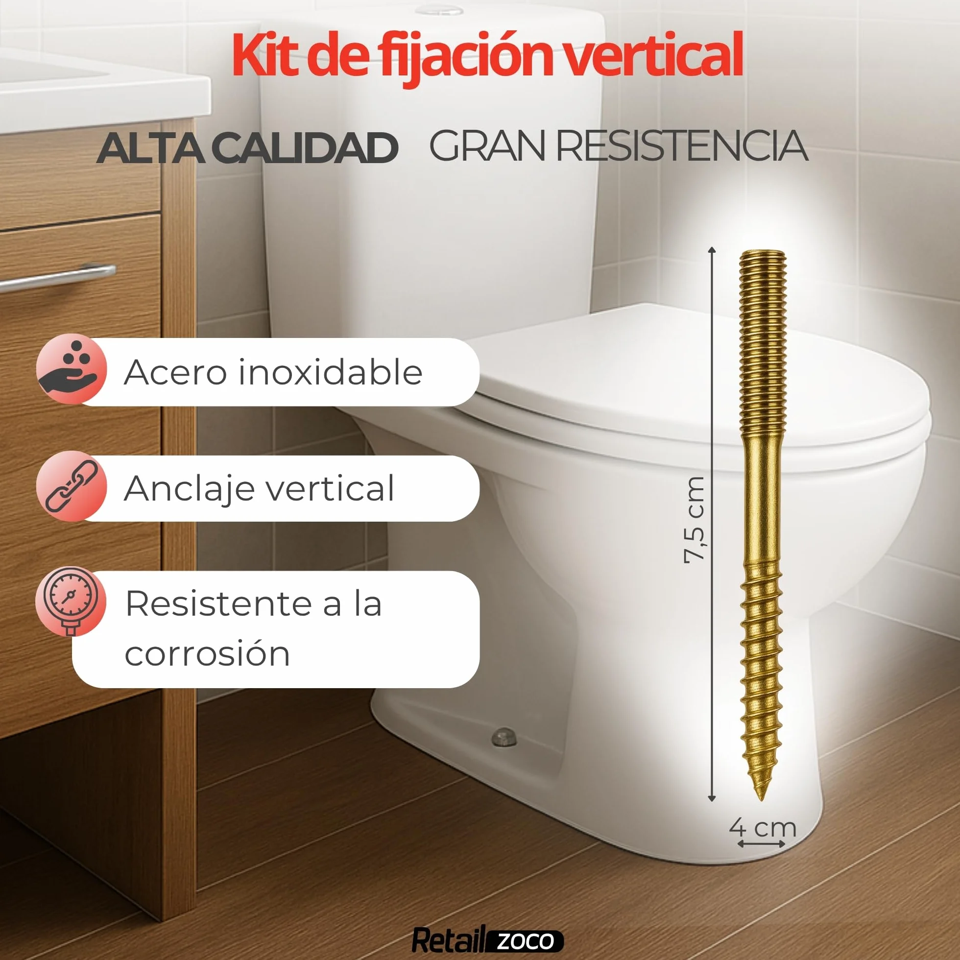 Tacos de acero inoxidable para inodoro y bidé de suelo con orificio vertical, Kit de fijación vertical para WC, Tornillo para bidé vertical, Acero Inoxidable, Pack de 2 tornillos