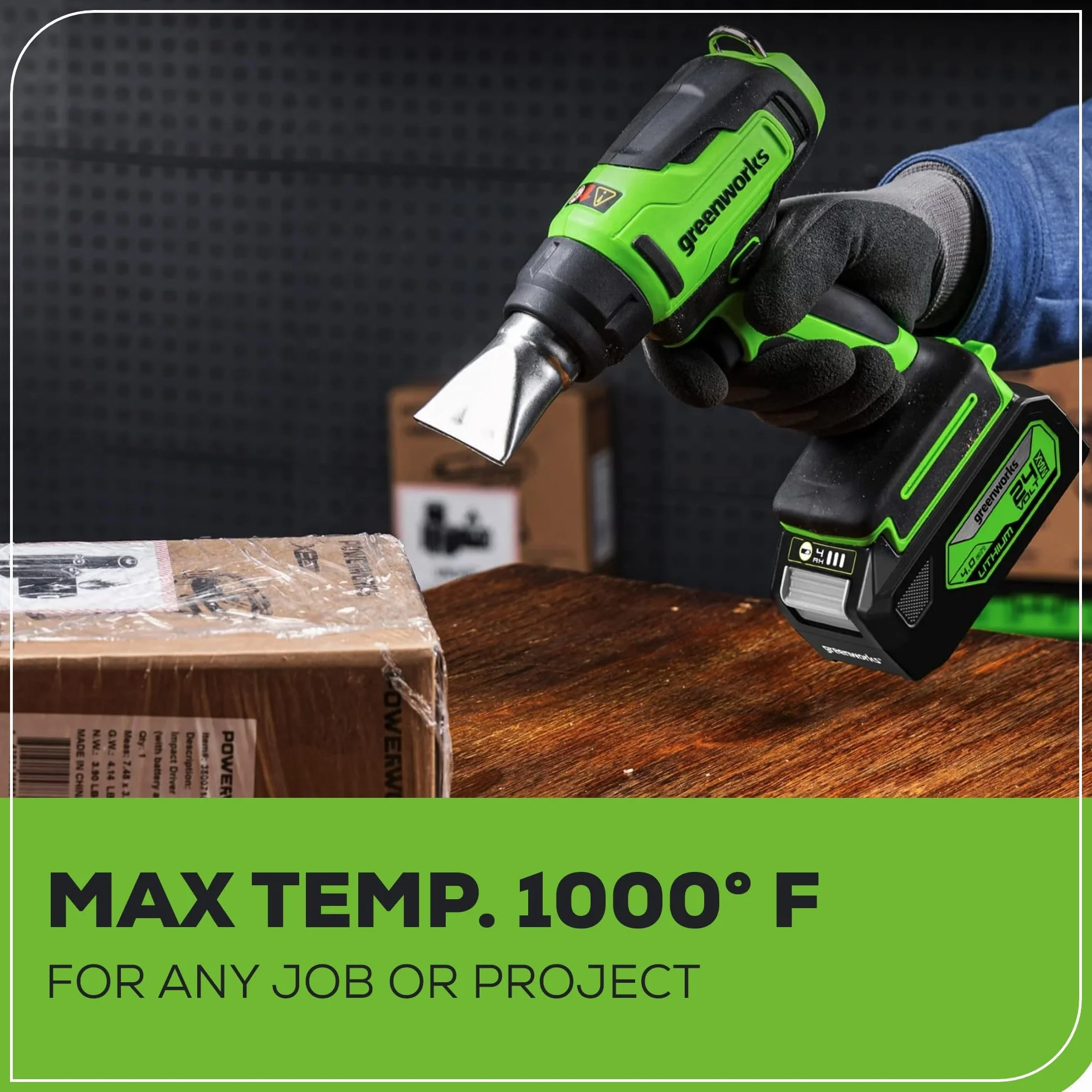 Greenworks Kit de pistola de calor inalámbrica de 24 V, batería de 4.0 Ah y cargador incluidos, herramienta de aire caliente, máximo a 1000 °F/538 ℃ con 3 boquillas para el hogar, garaje, al aire