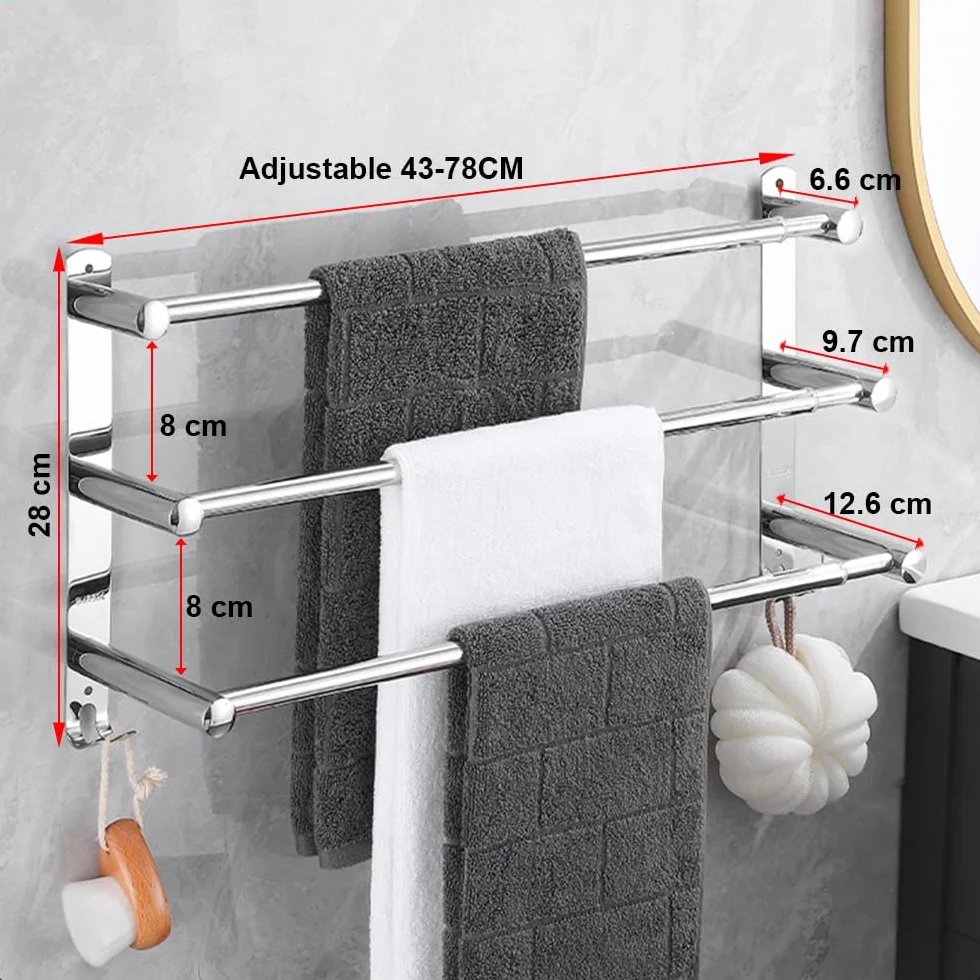 Toalleros Baño Inoxidable Toallero Ajustable 43-78CM Toalleros Pared Barra de Toallas para Cocina, Baño, Inodoro (3 Capas, Plata)