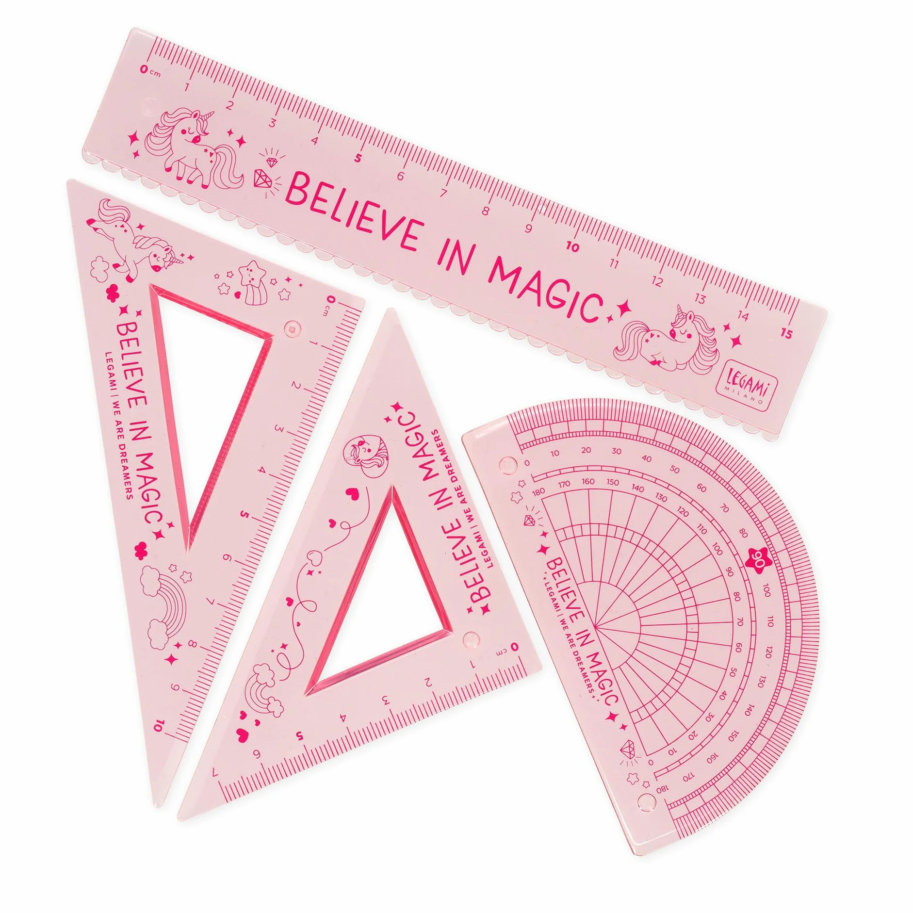 Legami Juego de geometría con regla 15 cm, cuadrado 60° 10 cm, goniómetro 180°, estuche, material flexible, Unicornio