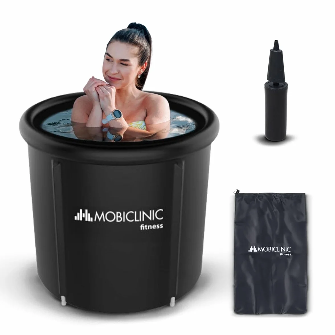 Mobiclinic® Fitness, Bañera de Hielo, 350l, Recuperación Muscular, para Deportistas, 83x83x75cm, Artic, Portátil, Terapia Dual, Bolsa Transporte, Cojín Inflable y Tapa, Borde
