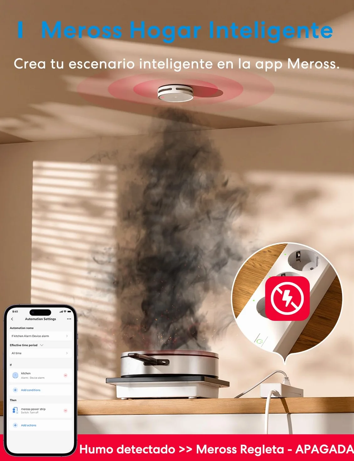 Meross Matter Detector De Humo Conectado, Alarma De Incendios WiFi Inteligente con Doble Sensor Óptico, Alarma De Fuego con Notificación App, Detector De Humos, 33 mm, con Hub MSH450, 1 Unidad