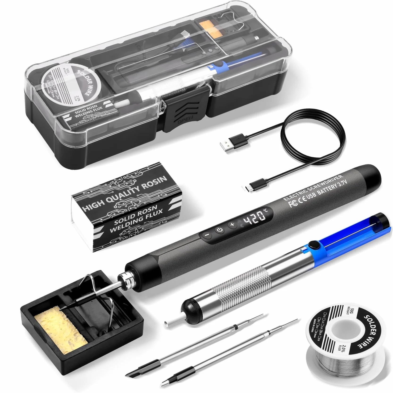 Daakro - Kit de soldador inalámbrico USB con temperatura ajustable, 3 fallas de soldadura, alambre de soldadura, pasta de soldadura, kit de soldadura para trabajos eléctricos (gris)