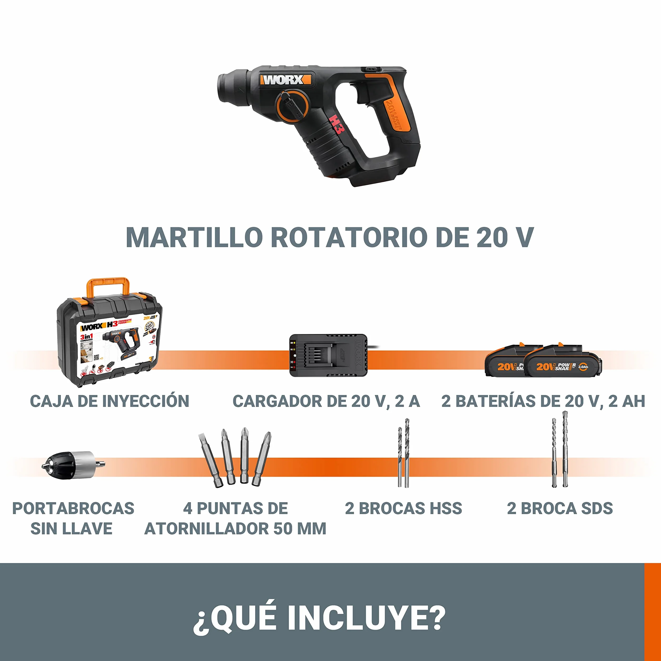 WORX WX394.6 H3 | Martillo sds-plus 20V | Función de taladro | Incluye 2 baterías de 2Ah, cargador y maletín | 3 Funciones | Ligero y compacto | Ideal para taladros en el techo