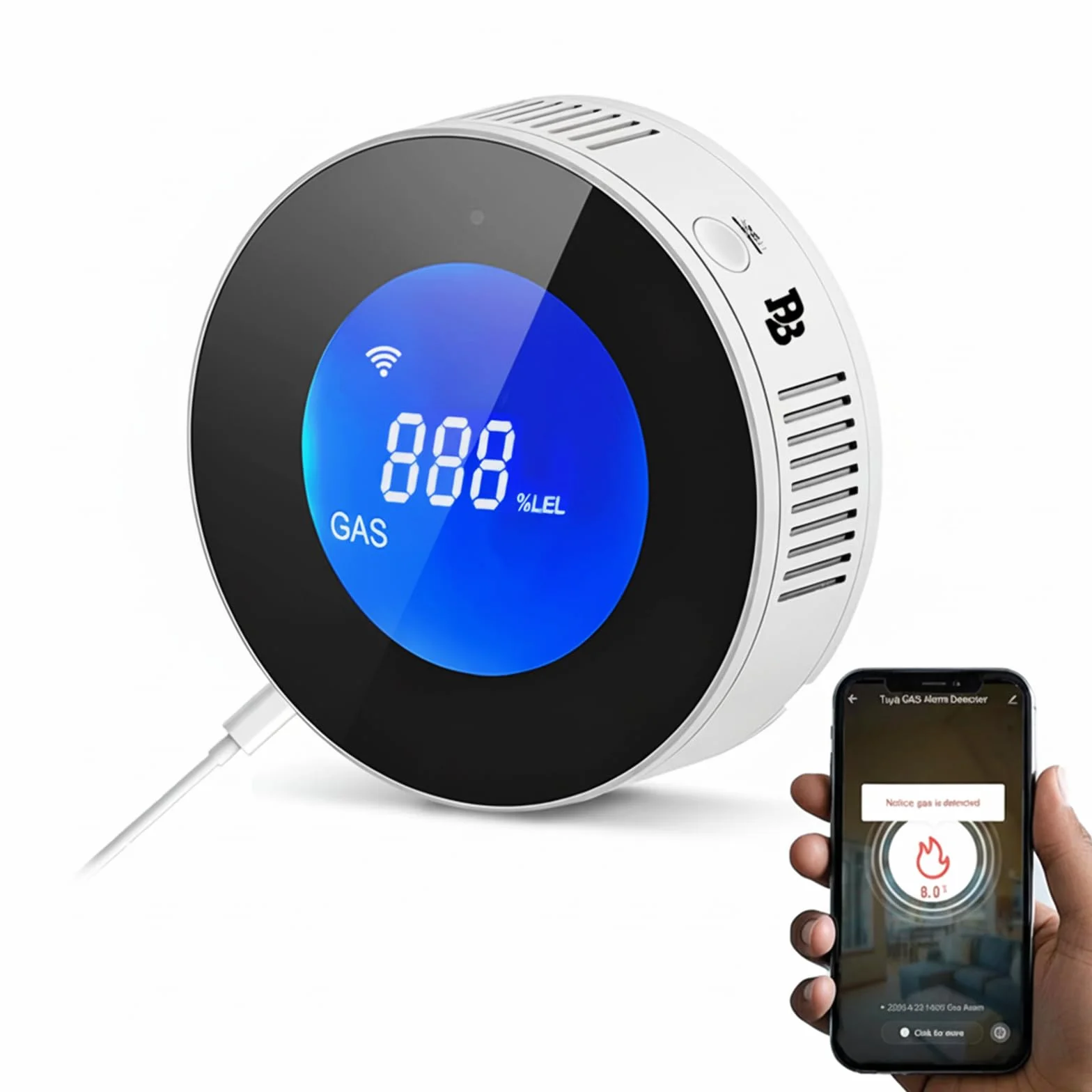 Detector de Gas WiFi Inteligente, Detector de Gas Natural/Carbón/Metano/GPL con Pantalla LCD, Alarma de 85dB, Compatible con App,Enchufe Tipo C，Certificado EN 50194