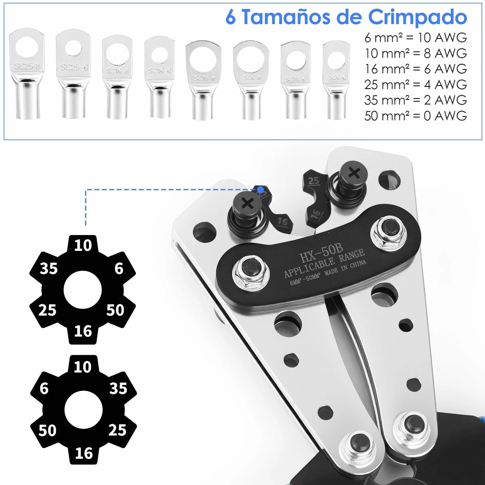 ZWOOS Crimpadora Terminales Electricos AWG 10-0, Anillo de Cobre de Batería de 6/10/16/25/35/50 mm² Crimpadora Resistente para Prensa Terminales de Cable (HX50b)