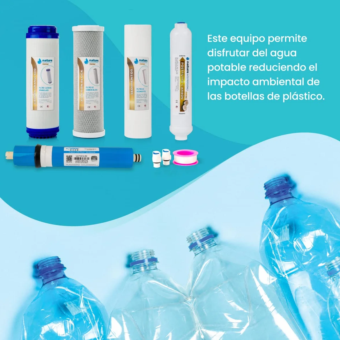 Kit de 4 Filtros Universales para Osmosis Inversa - Incluye Membrana Vontron y Rollo de Teflón - Ideal para Equipo de 5 Etapas Universal - 50GPD - Nature Water Professionals