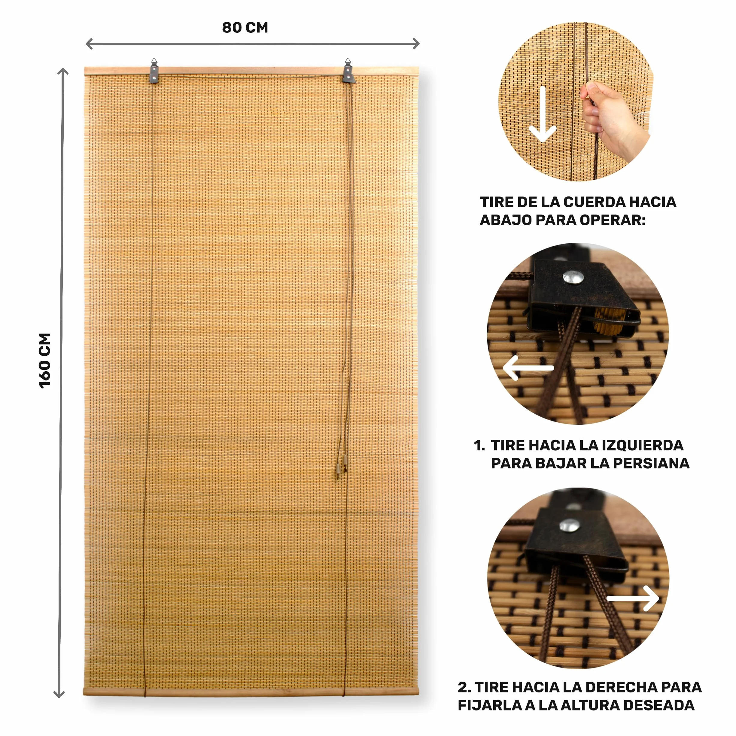 BESCH Persiana Enrollable de Bambú Natural 150x200 cm Estor Rústico Ajustable con Cuerda Cortina para Ventana Protección Luz Privacidad Fácil Instalación Interior Exterior