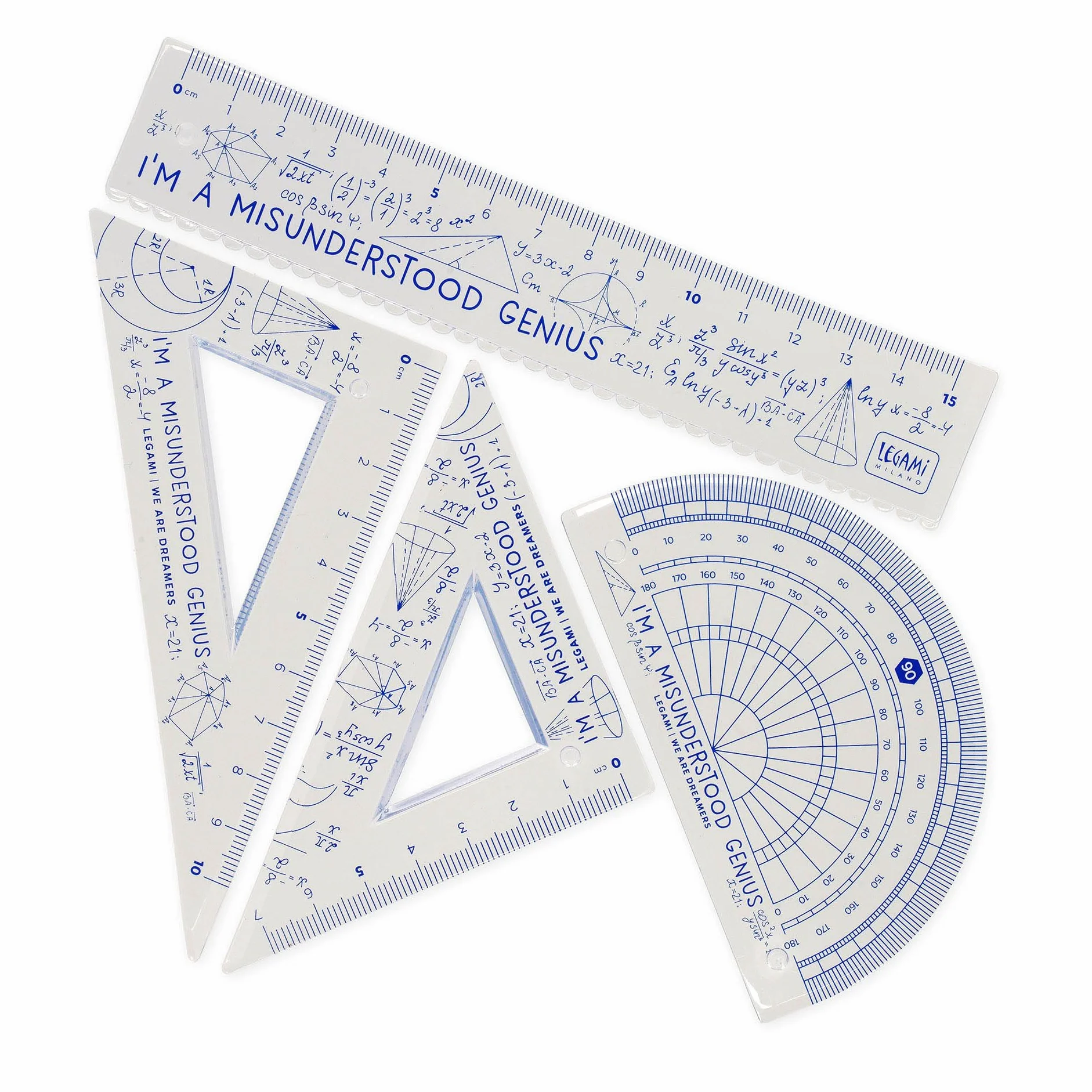 Legami Juego de geometría regla 15 cm cuadrado 60° 10 cm goniómetro 180° estuche flexible Genius
