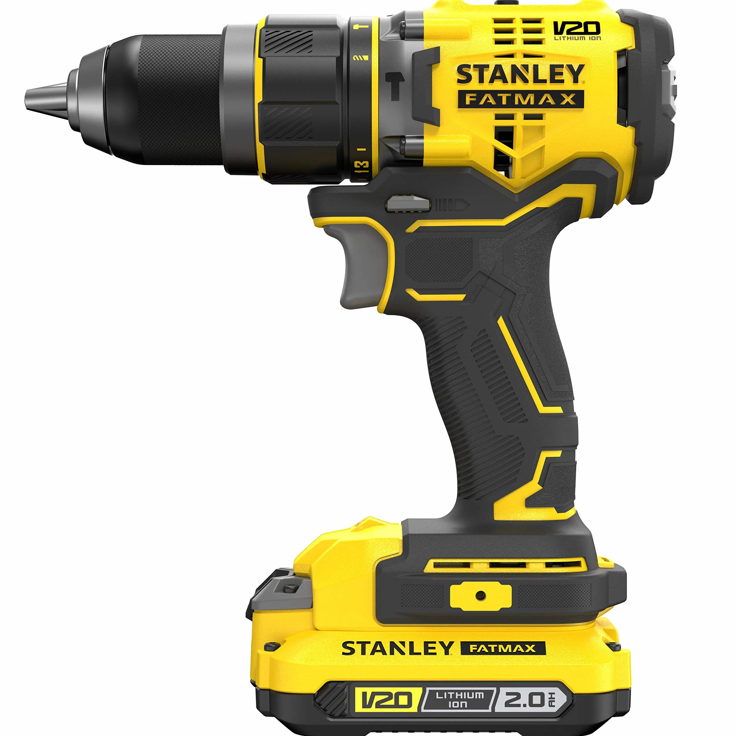 STANLEY FATMAX Taladro Percutor Sin Cable V20 (18V), Motor Sin Escobillas, 80Nm, 2 Baterías 2Ah, Cargador, Maletín, Portabrocas Metálico 13mm, 14 Posiciones de Par, SFMCD721D2K-QW