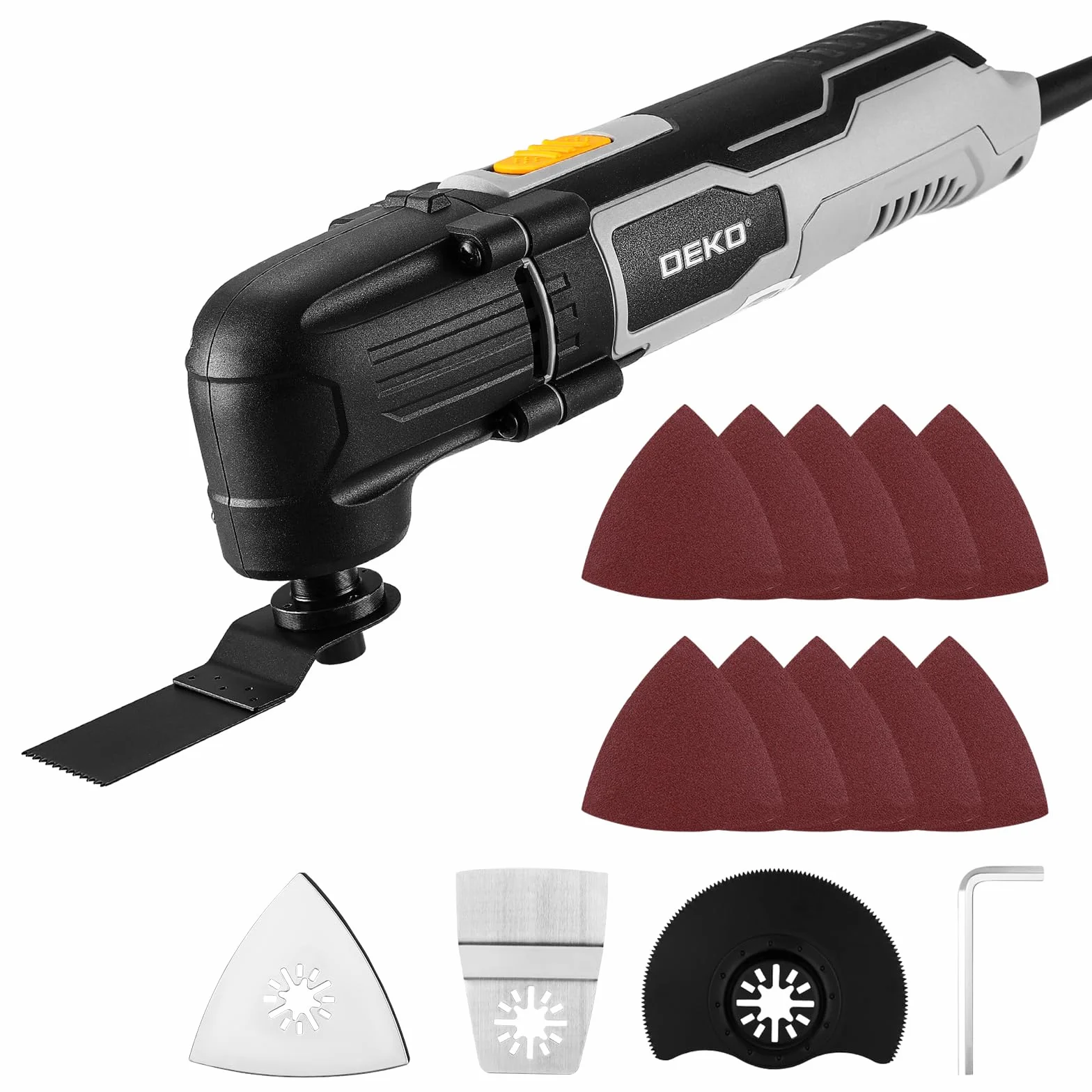 DEKOPRO Multitool Oscilante de 300W, 3000-22 000 rpm, Multitool Eléctrico con Cable, Control de 6 Velocidades, Incluye 10 Hojas de Lija, Apto para Madera y Metal