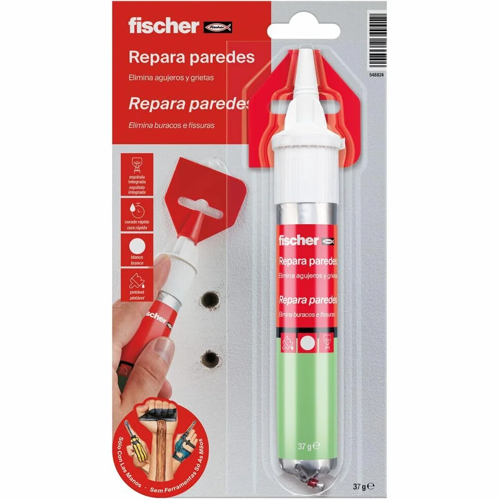 fischer - Masilla Adhesiva Repara Paredes, Compatible con Placas de Yeso PLADUR®, Cemento, Hormigón o Mamposteria | Para Tapar Agujeros Pared, Reparador de Pared | Incluye Espátula (75 ml)