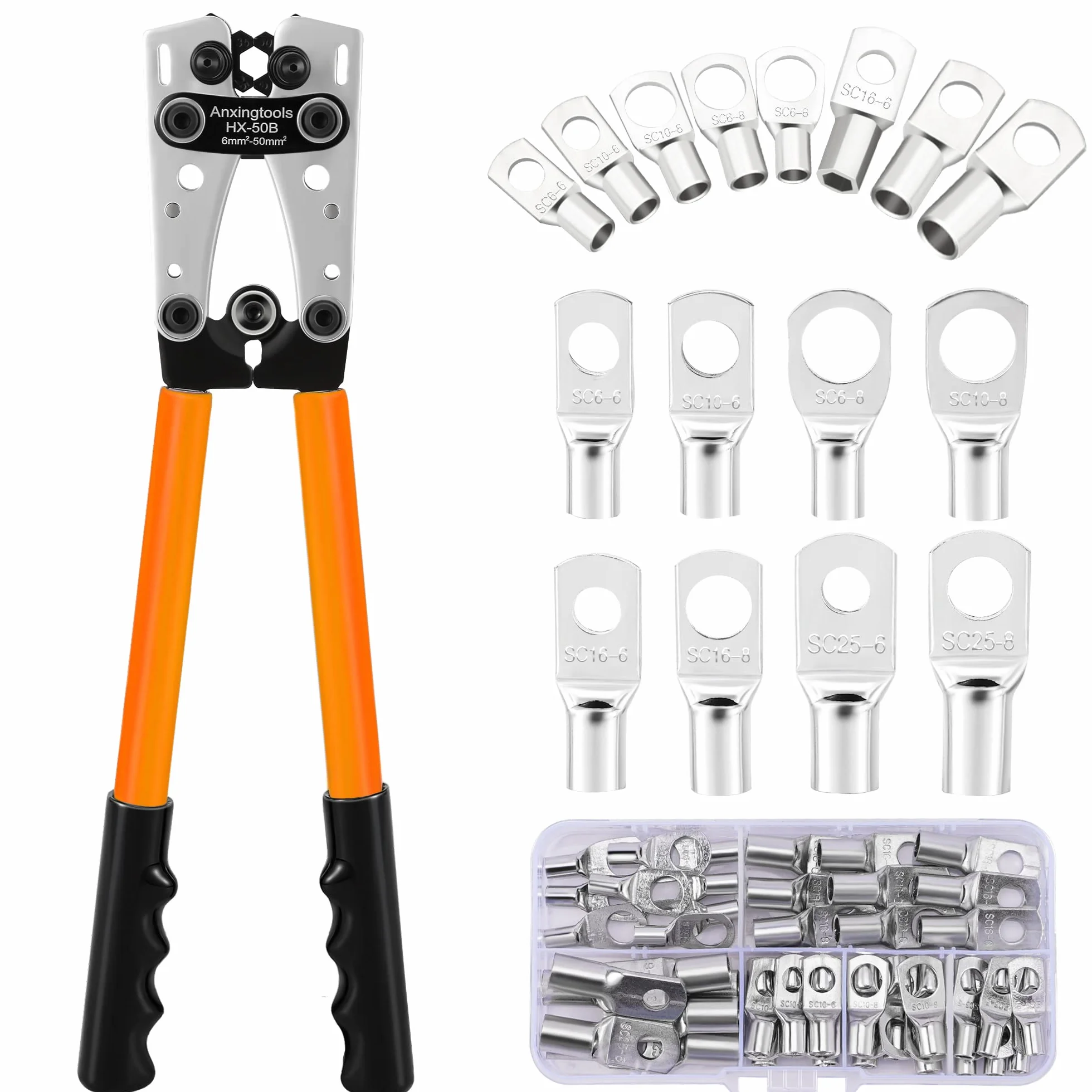 Herramienta de crimpado de cable de batería para terminales de anillo de cobre de batería de 6/10/16/25/35/50 mm², crimpadora resistente para terminales de cable (HX50B crimper+terminals)