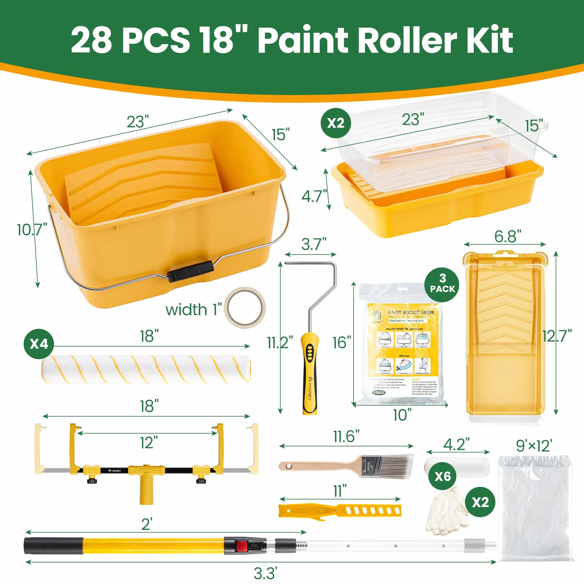 VOOMEY Juego de 28 rollos de pintura de 18 pulgadas, cubo y bandeja de pintura, rodillo de espuma de 4 pulgadas con poste de extensión de 40 pulgadas