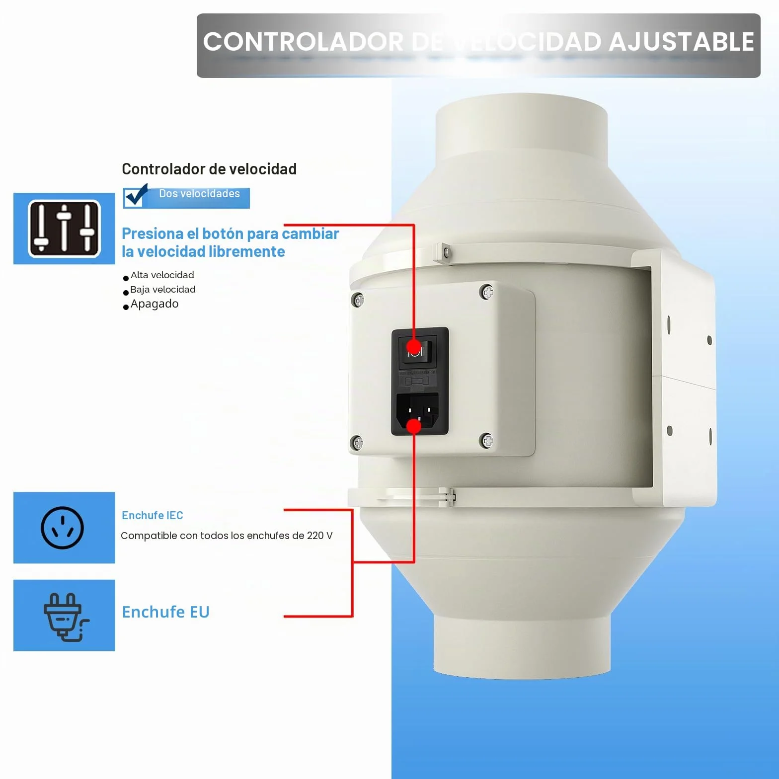 FanGoFast Extractor de Aire 100 mm 230V Controlador Ajustable Ventilador de Conducto con Enchufe IEC