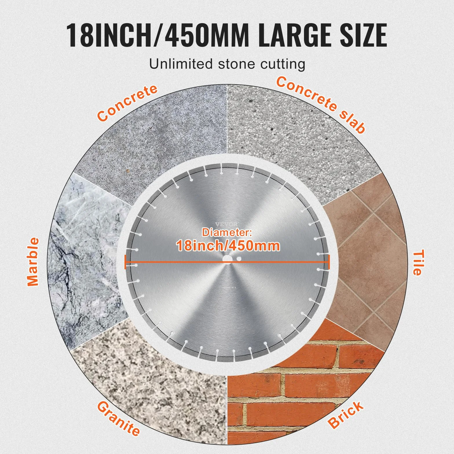 VEVOR Disco de Corte de Diamante 450 mm Disco de Diamante Húmedo o Seco Hoja de Sierra con Dientes Planos 12 mm Diámetro del Orificio Central Universal 25,4 mm Para Hormigón, Azulejos, Ladrillo