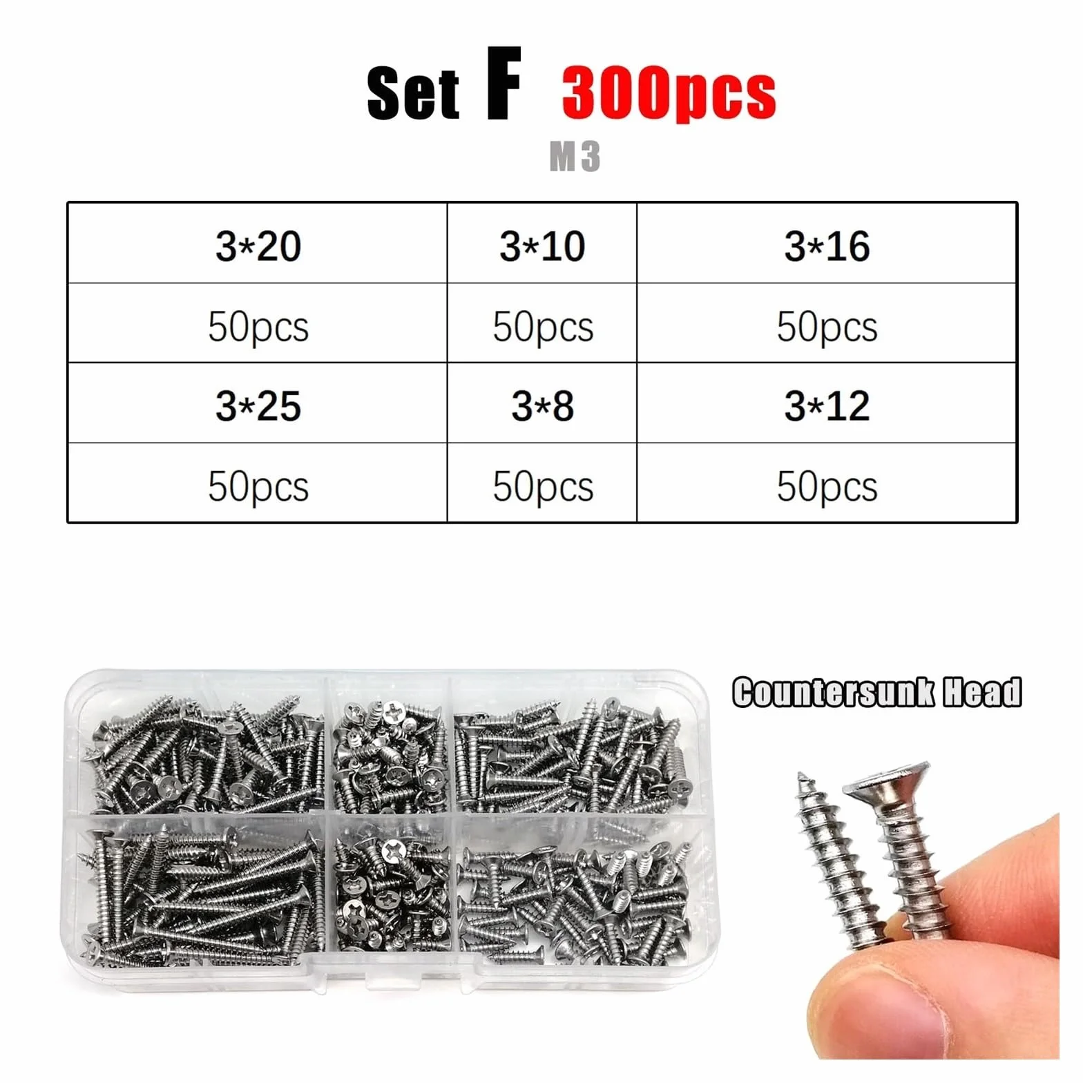 1 caja Mini juego de mezcla de tornillos autorroscantes de cabeza avellanada plana de acero inoxidable 304(M3)