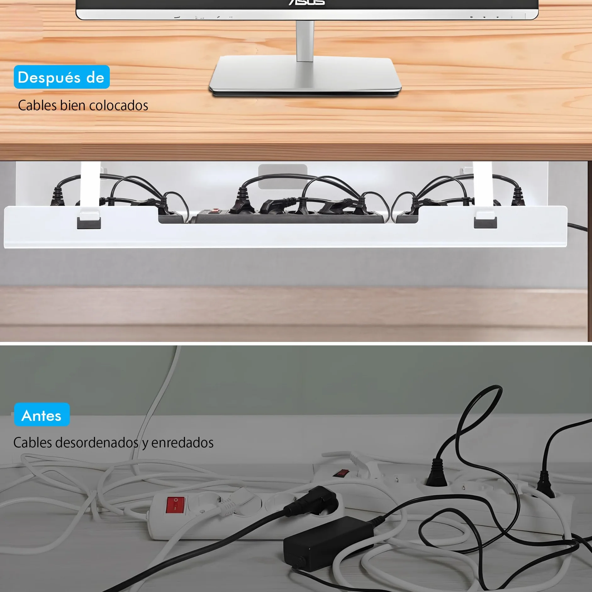 Mimoke Juego de 2 bandejas de gestión de Cables, 120 cm (2 x 60 cm), Bandeja para Cables de Acero para Escritorio, regleta, fácil de Montar, Ahorra Espacio (Blanco)