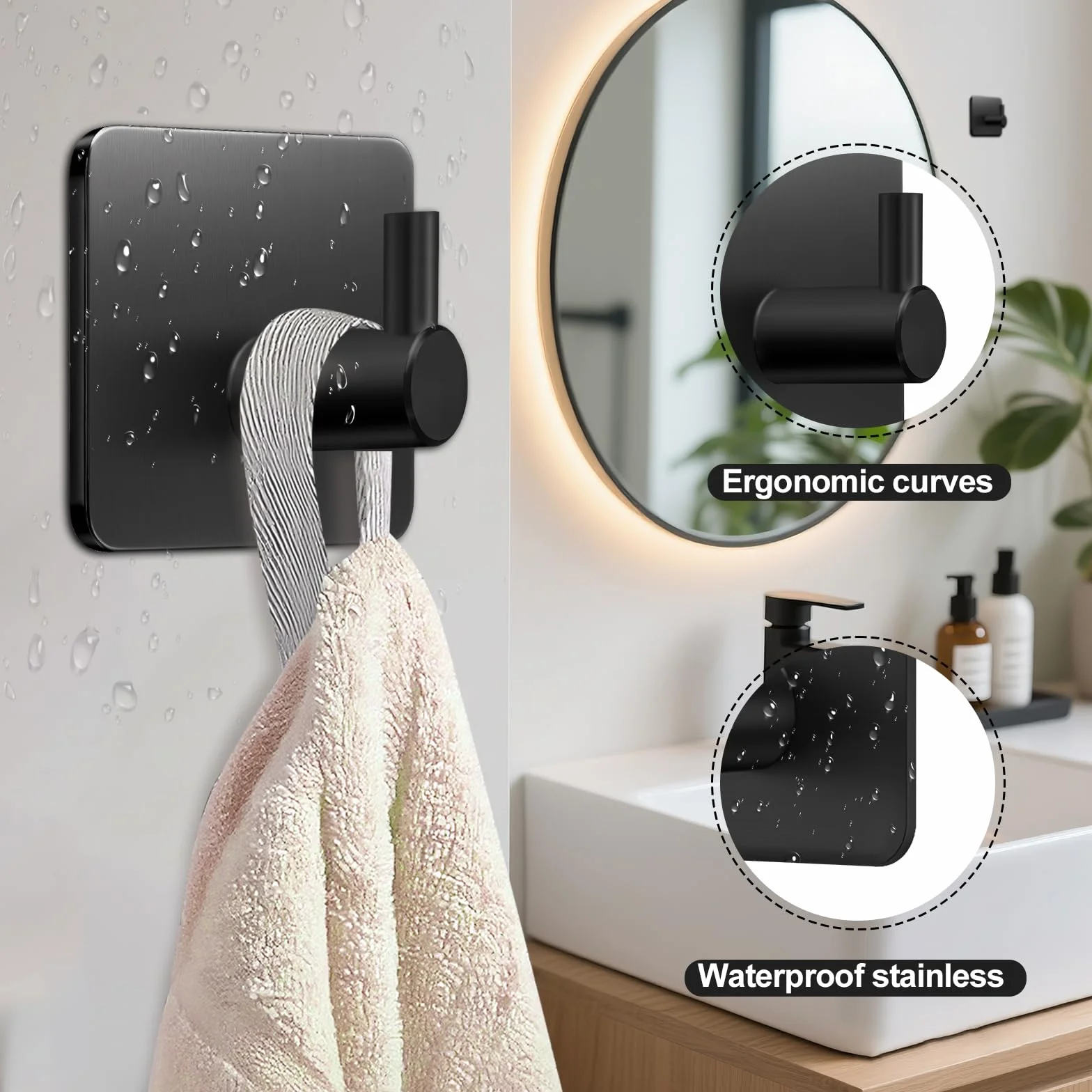 Ganchos Adhesivos para Pared Acero Inoxidable, 4 Piezas Negro, Colgadores Adhesivos, Autoadhesivo Colgador Toallas, Accesorios para Baño Extrafuertes y Sin Taladro, Multi-Uso para Llaves y Ropa