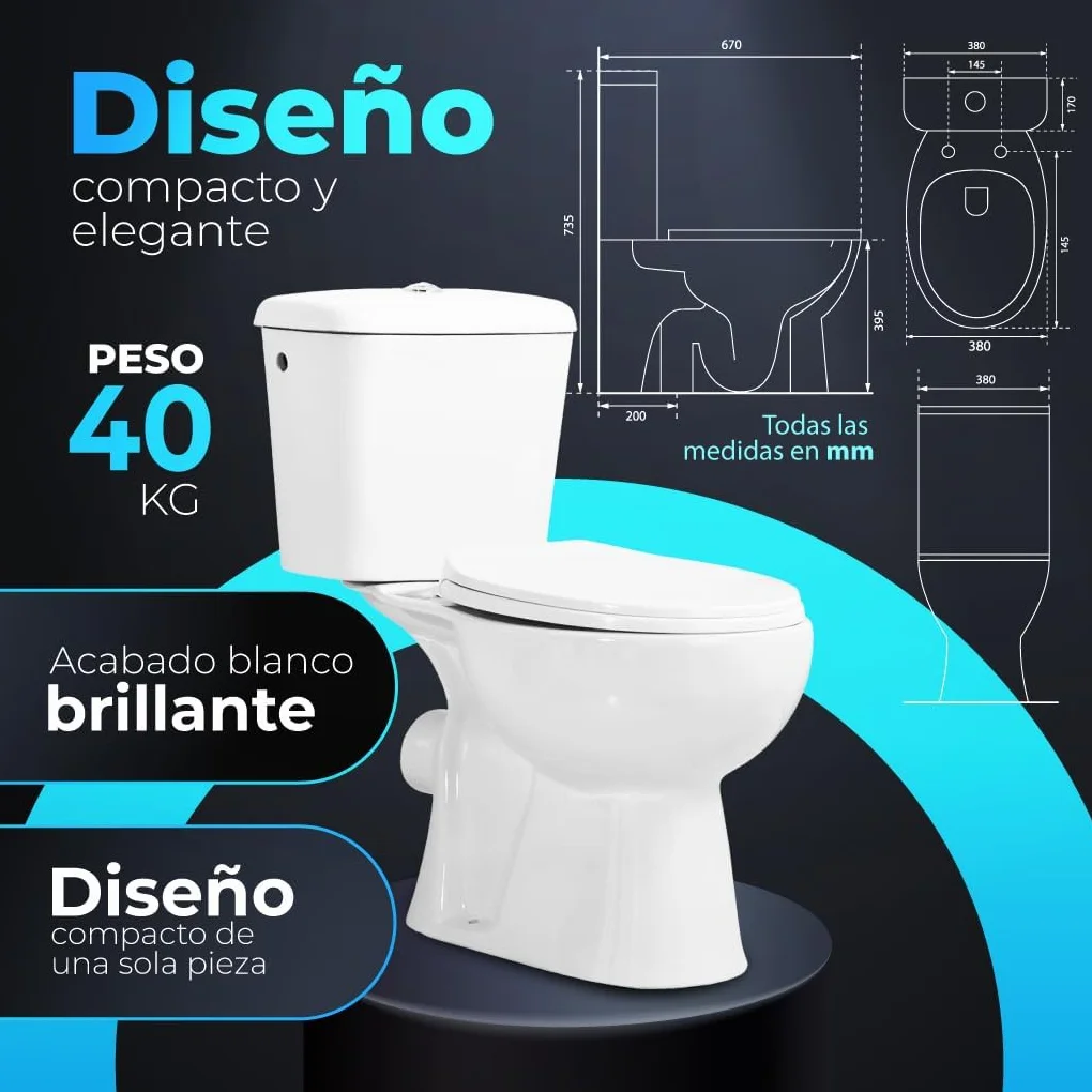 Inodoro Blanco, Wc Inodoro COMPLETO, Retrete para Hogar, Sistema ANTIBACTERIA, Tapa Dura Extrafina AMORTIGUADA, Salida Horizontal