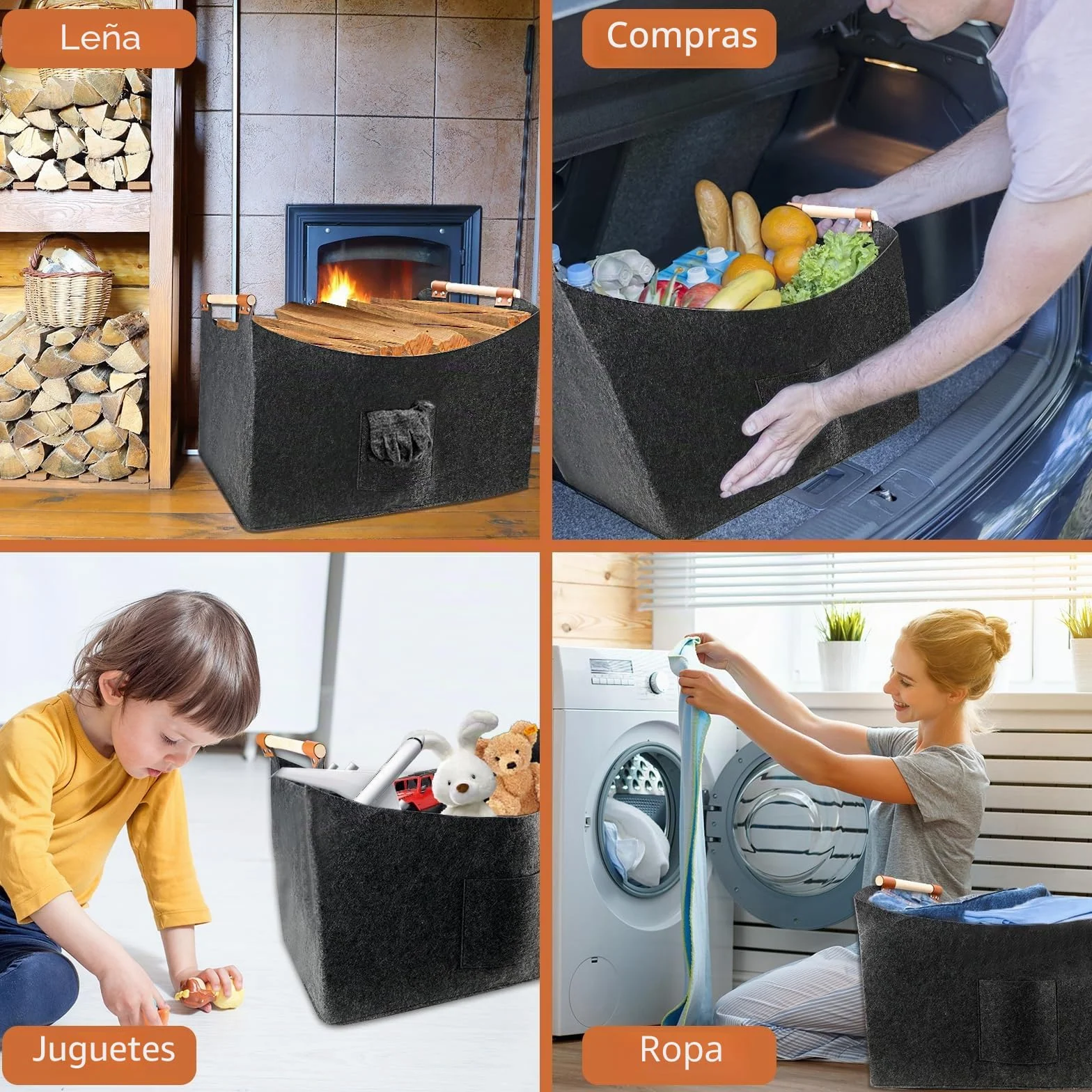Cesta de madera para leña grande, de fieltro, XXL (96 L, 60 x 40 x 40 cm), plegable, fieltro extragrueso con mango de madera y guantes, para compras y leña, color gris oscuro (96 L)