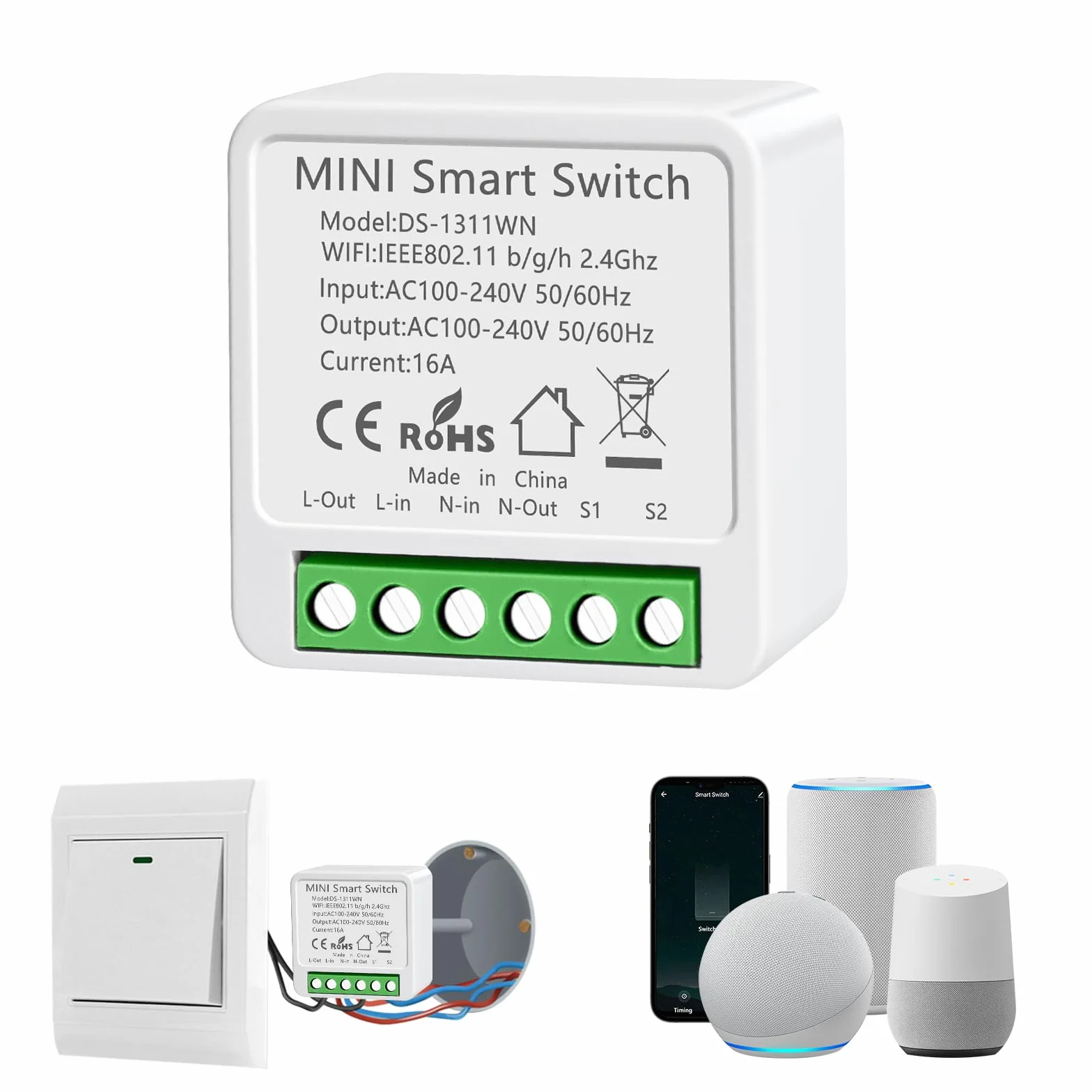 Interruptor WiFi Smart Life, 16A Relé Interruptor Inteligente Wi-Fi & Bluetooth, 2.4g Smart Light Switch Compatible con Asistente de Voz y Tuya, Smart Switch Alexa, Requiere Cable Neutro