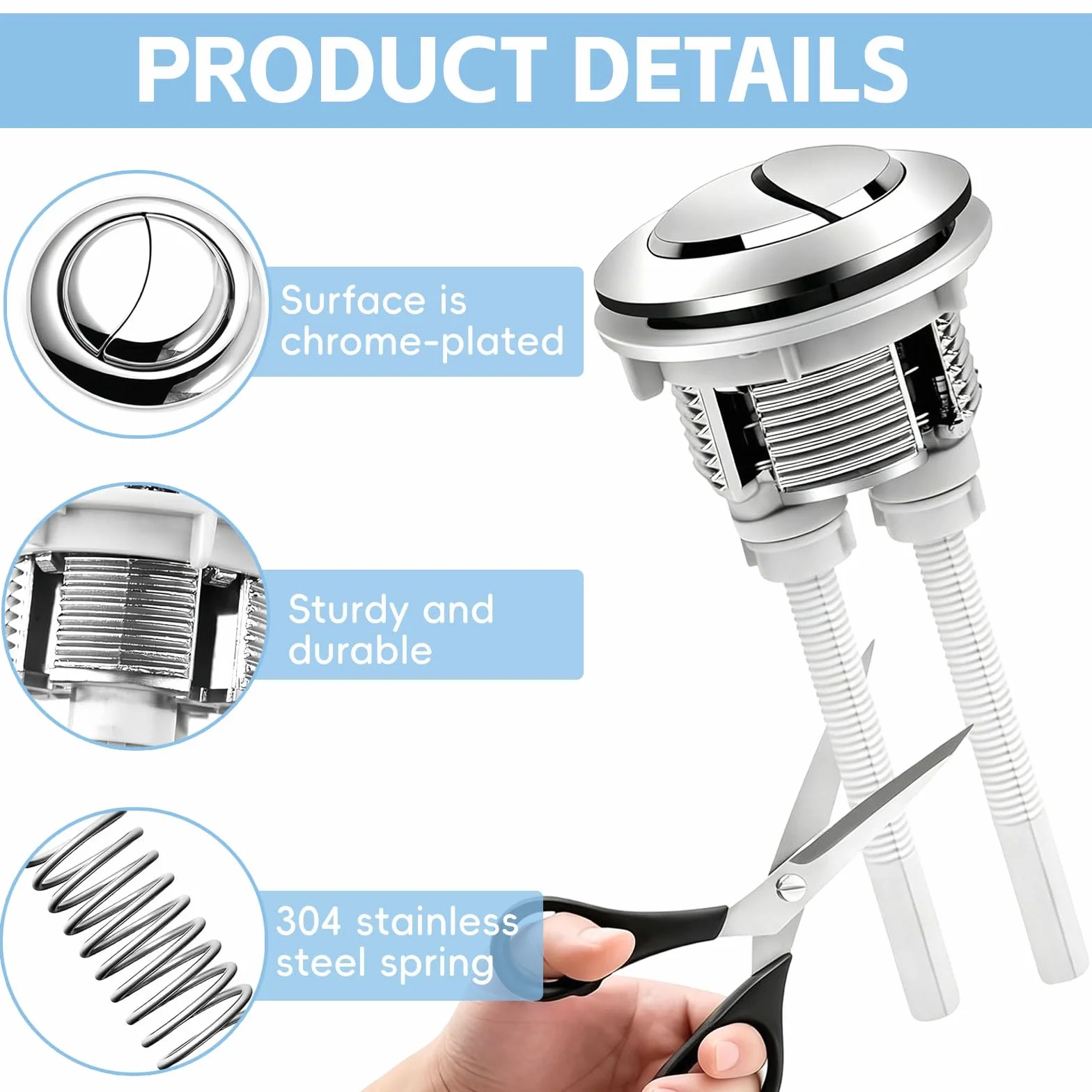Botón Cisterna WC Universal, Doble Descarga, Kit Repuesto Pulsador, Compatible Diámetro 3,7-4,4cm, Diseño Plata