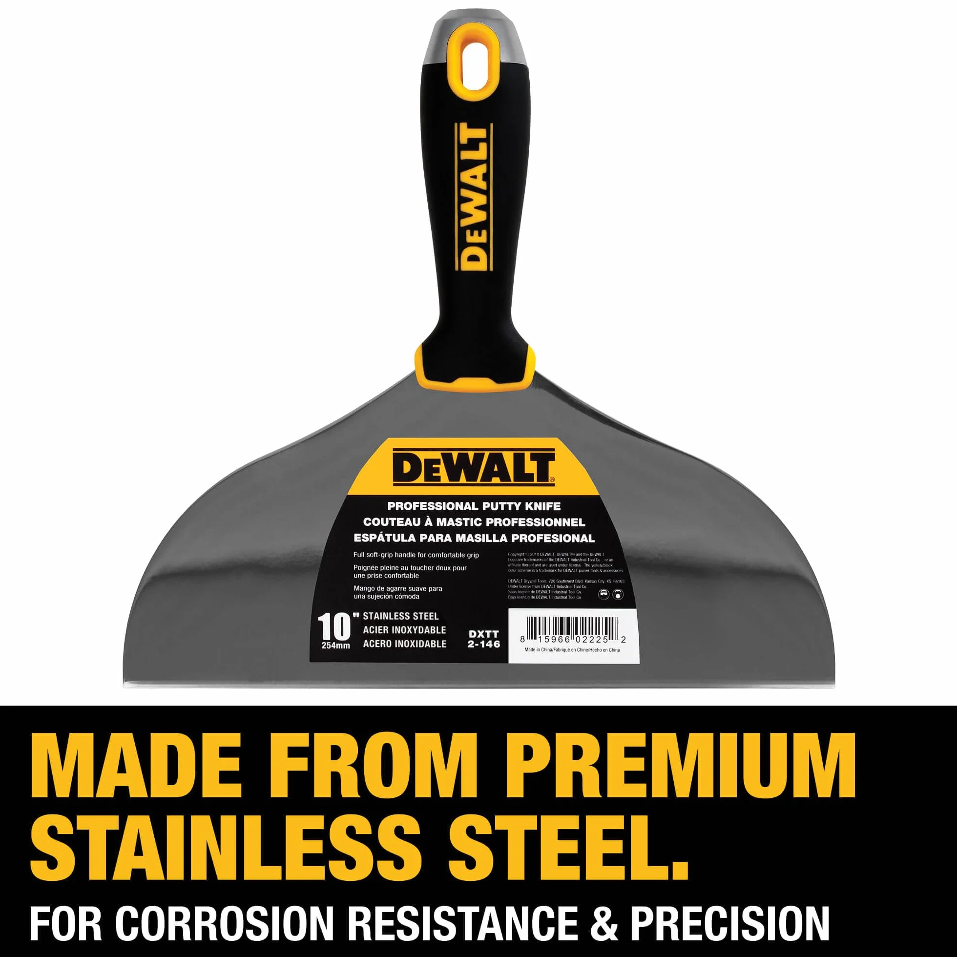 DEWALT Cuchillo de masilla de 25,4 cm | Acero inoxidable con mango de agarre suave | DXTT-2-146