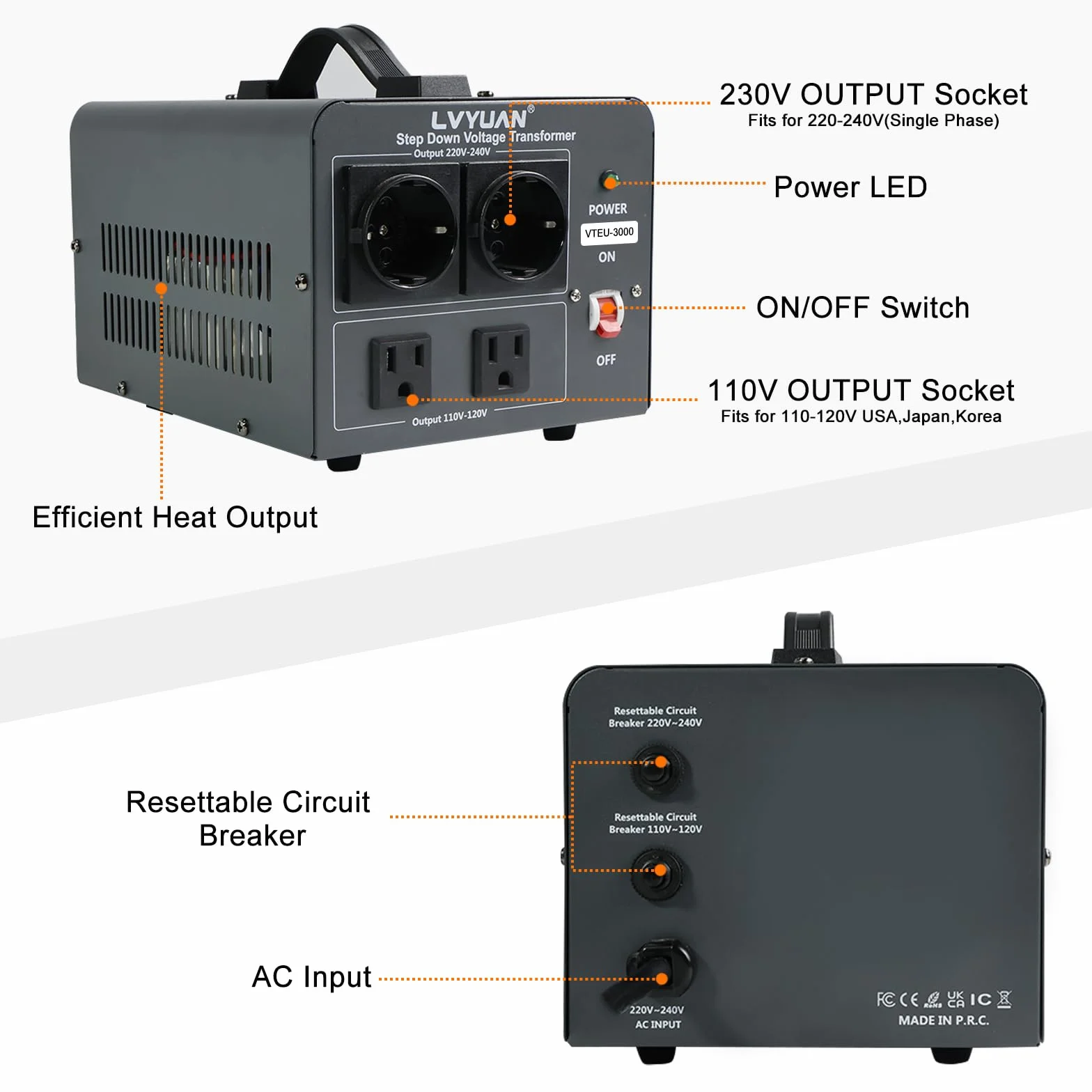Cantonape Transformador Convertidor de Voltaje Step Down, VTEU-3000, 220V-240V a 110V-120V, con Interruptor ON/OFF, Protección de Circuito Reseteable, 2 Salidas 230V y 2 Salidas 110V