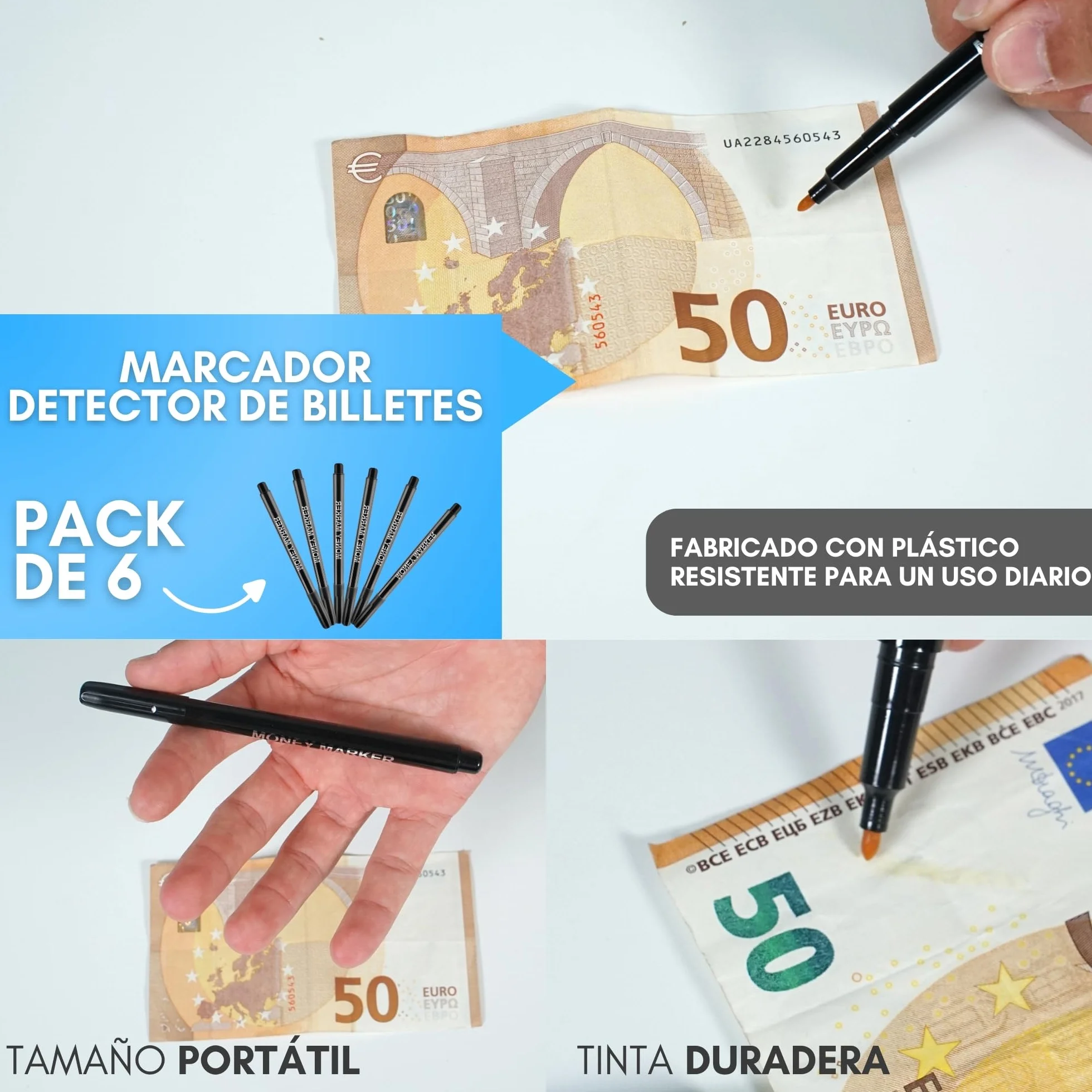 Rotulador Detector de Billetes Falsos 6 Uds Comprobación Rápida Euros Dólares Libras
