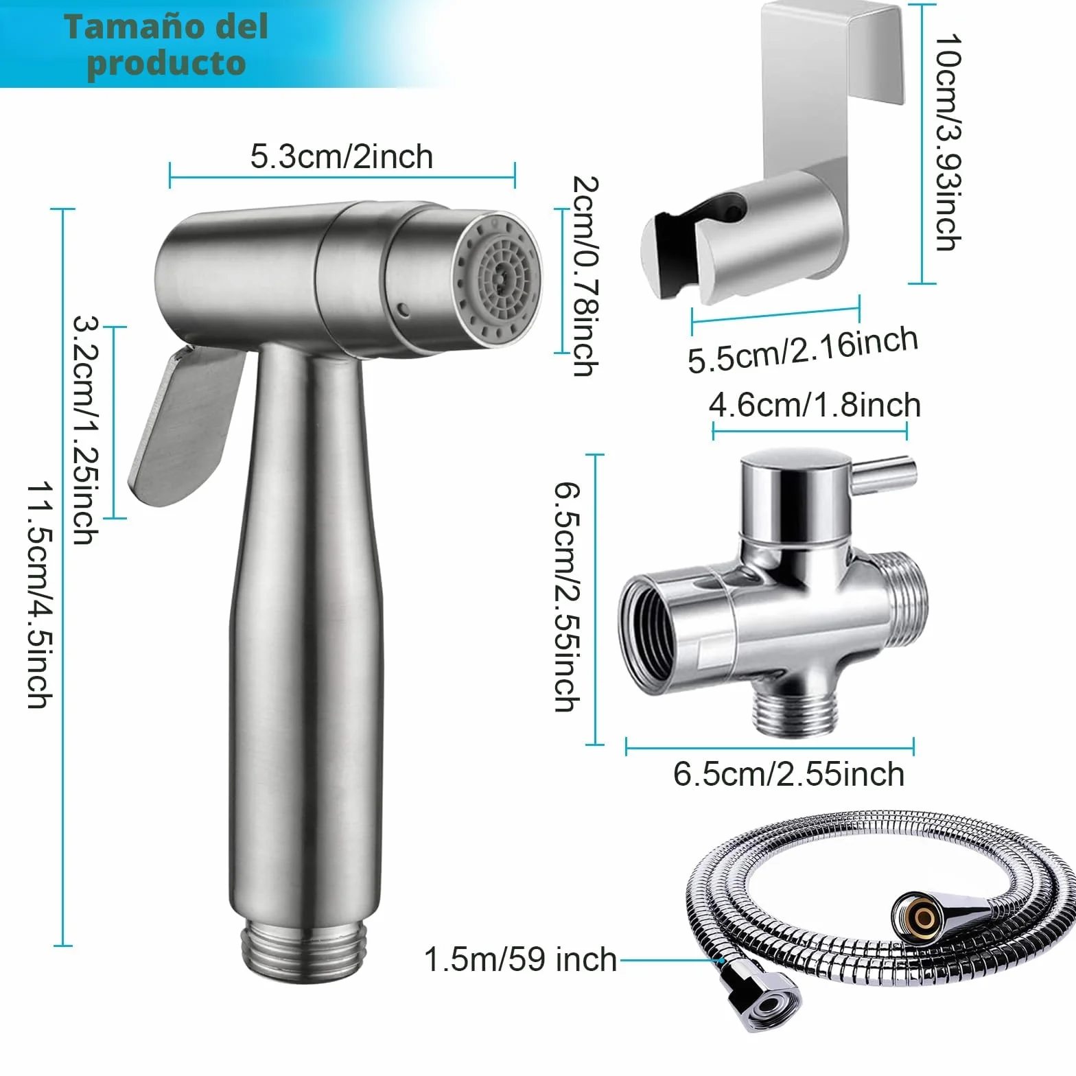 Bidet Handbrause Set Edelstahl Doppelfunktion mit G1/2" T Ventil G3/8" Adapter für Dusche Badezimmer