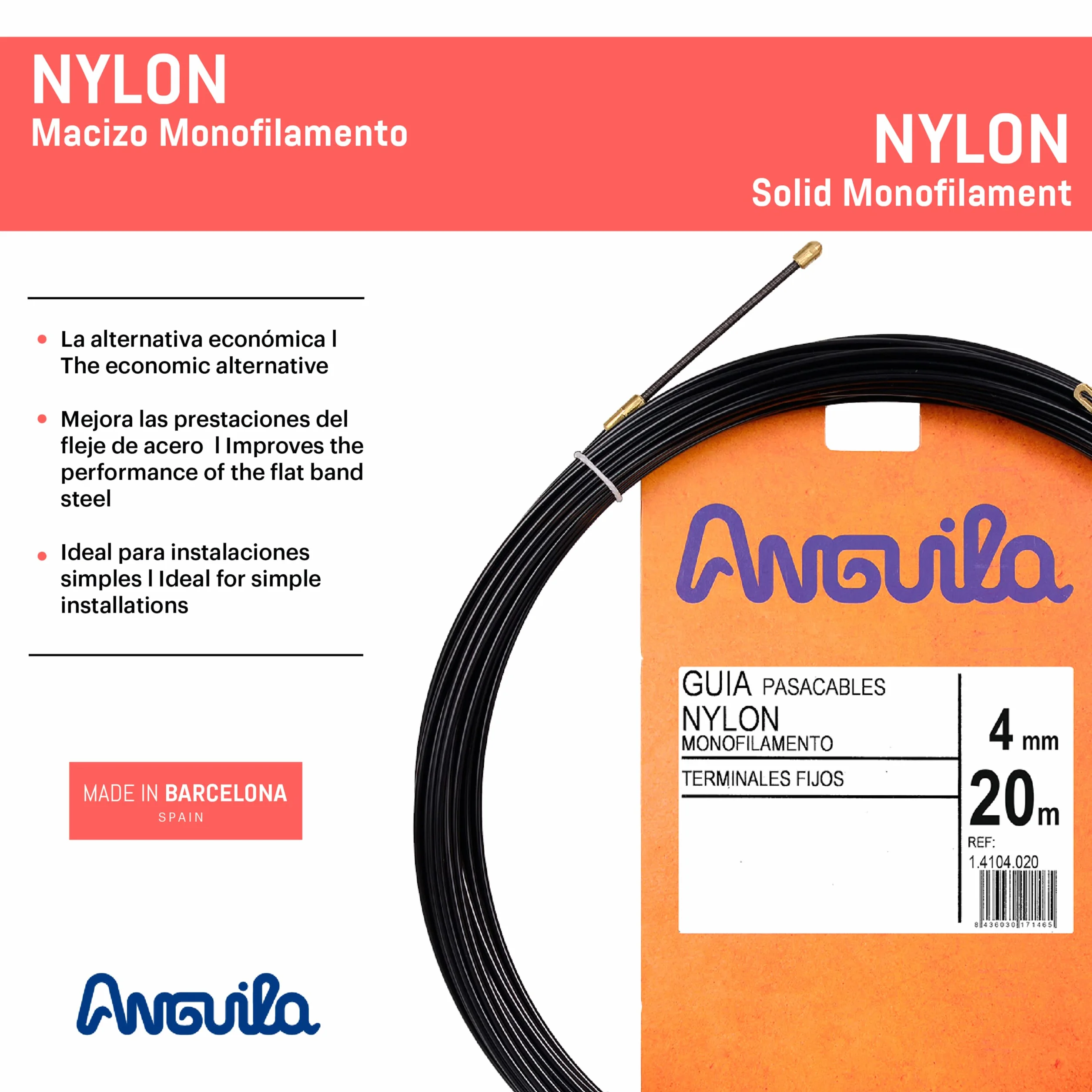 Anguila | Guía Pasacables | Terminales Fijos | Monofilamento | Nylon | Color Negro | Diámetro 4mm | 20 Metros