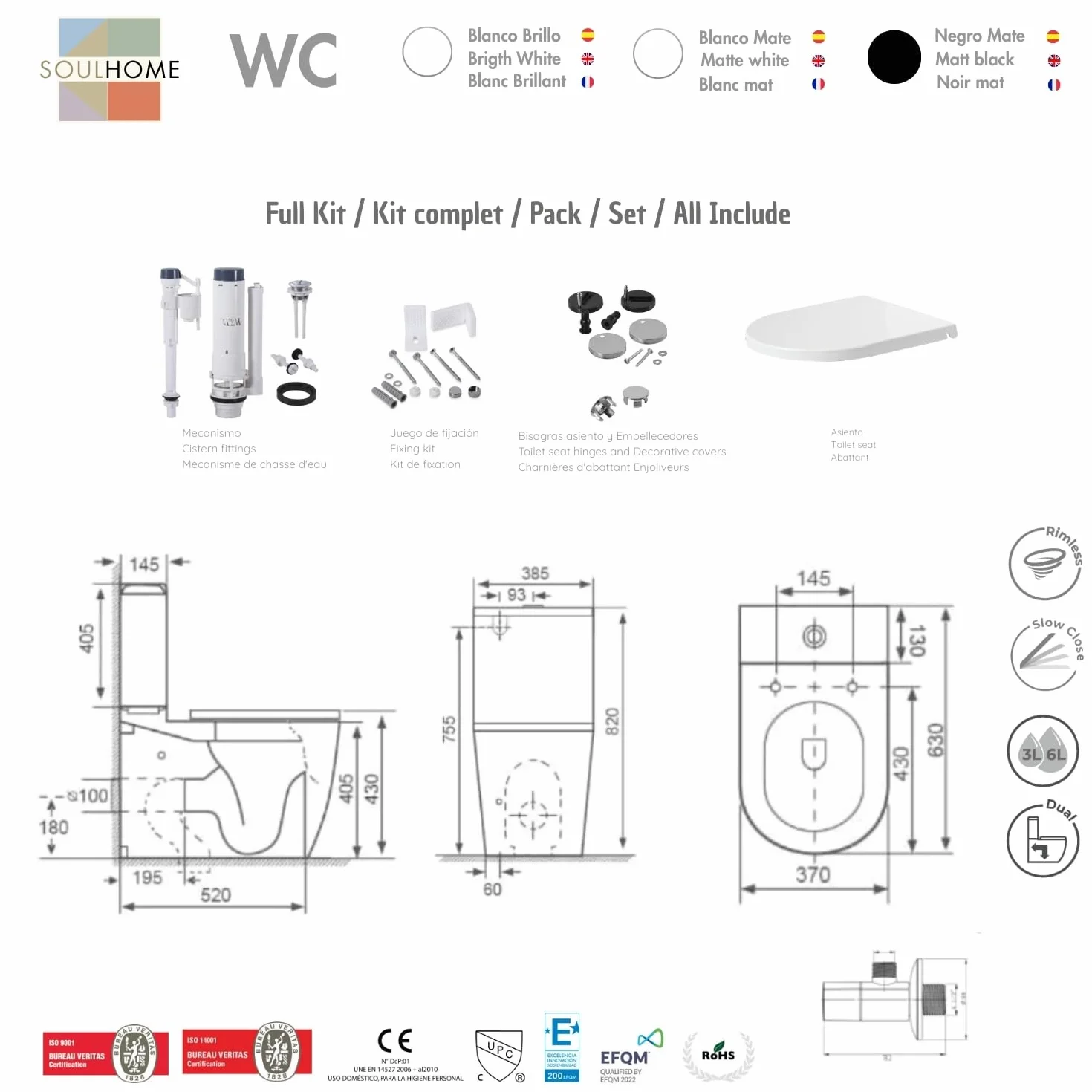 SOULHOME Pack Inodoro Completo Rimless Curvo Blanco Brillo | Tapa Amortiguada | Salida Horizontal/Vertical | Doble Descarga Eco | Pulsador Cromo